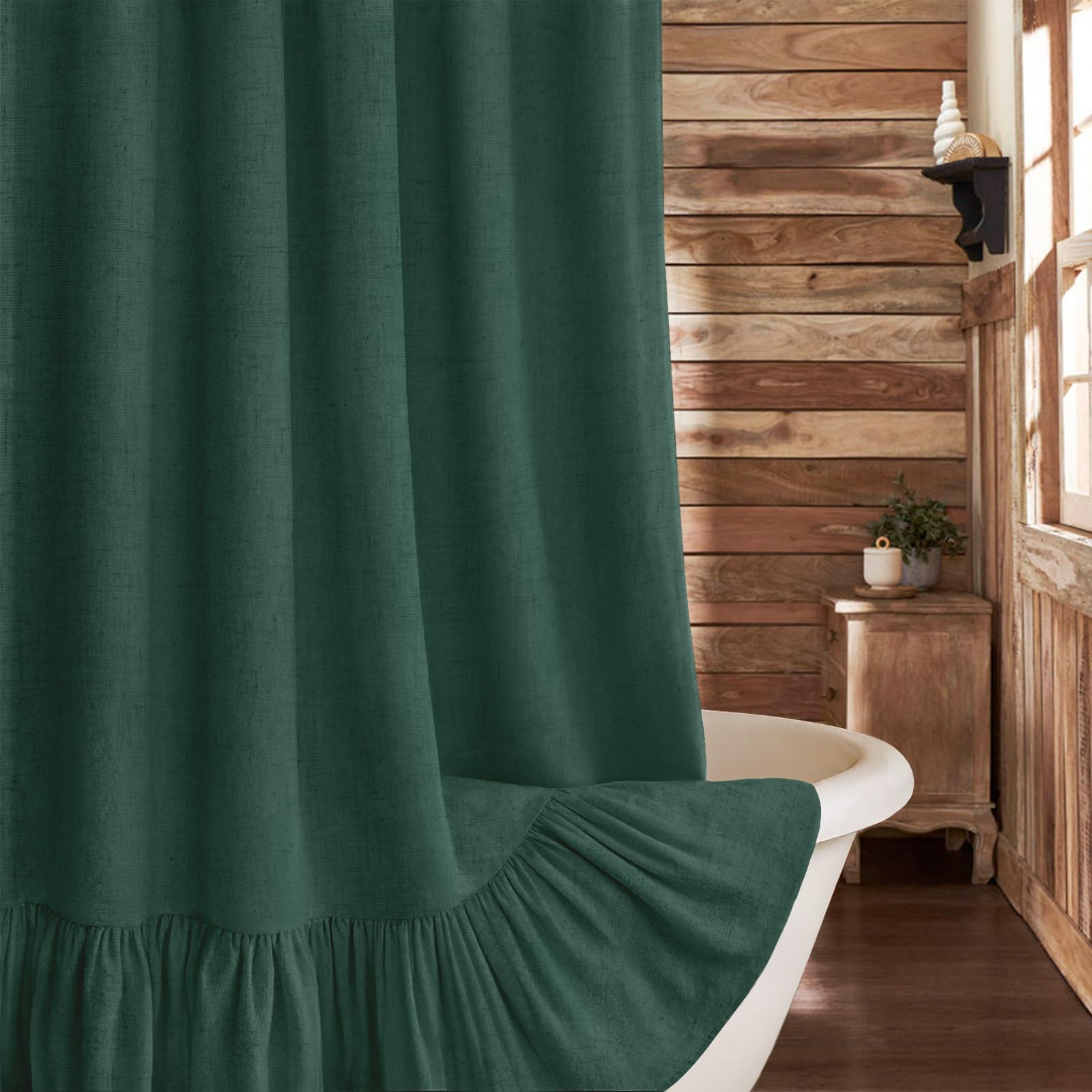 Xoguibo Farmhouse Shower Curtain With Ruffle Hem Linen Flax Dark Green Shower Curtains For Bathroom Country Vintage Rustic Natur