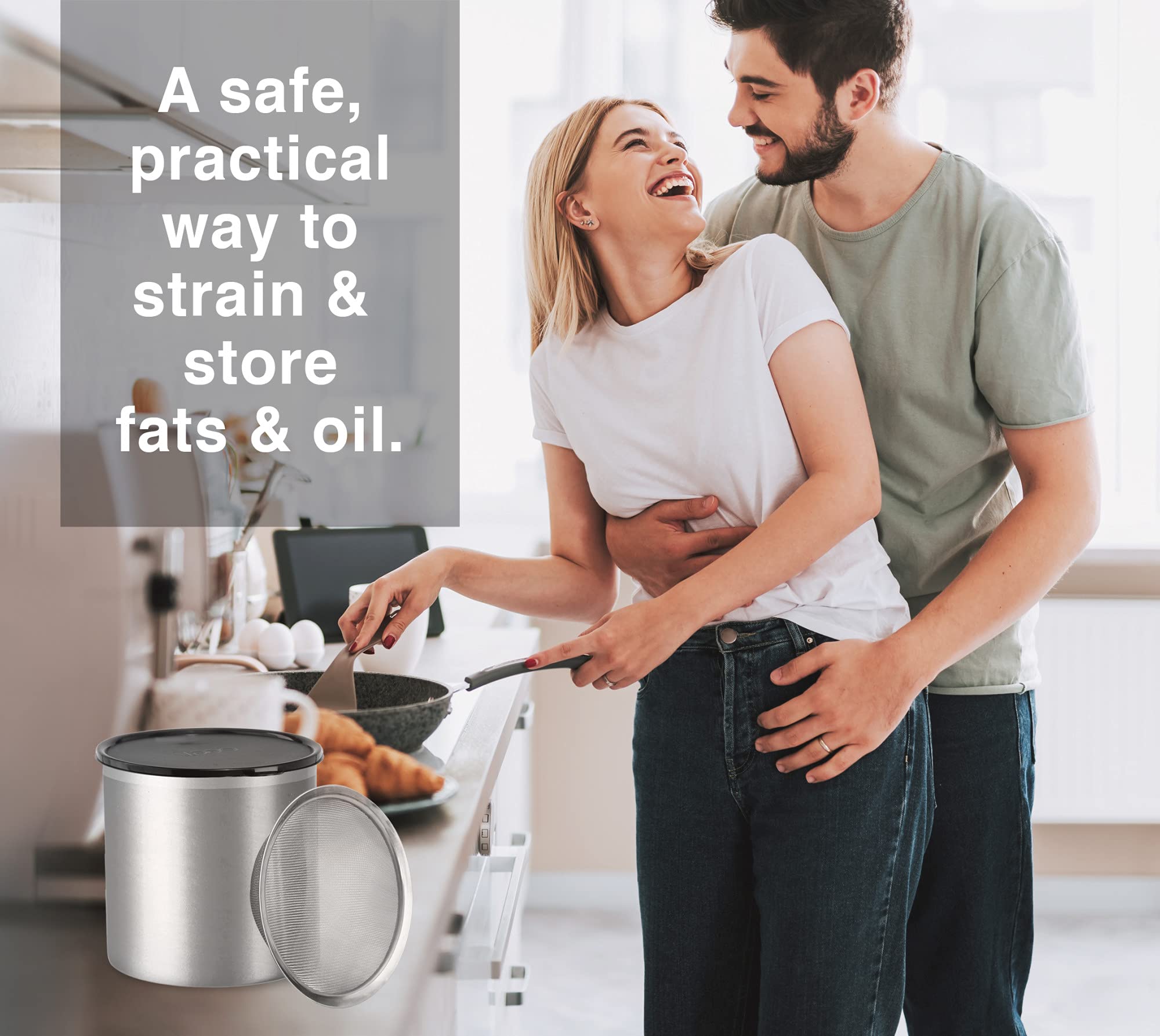 Oggi Stainless Steel Jumbo Grease Container With Removable Strainer And Snug Lid. Perfect Container For Fryer Oil, Bacon Drippin