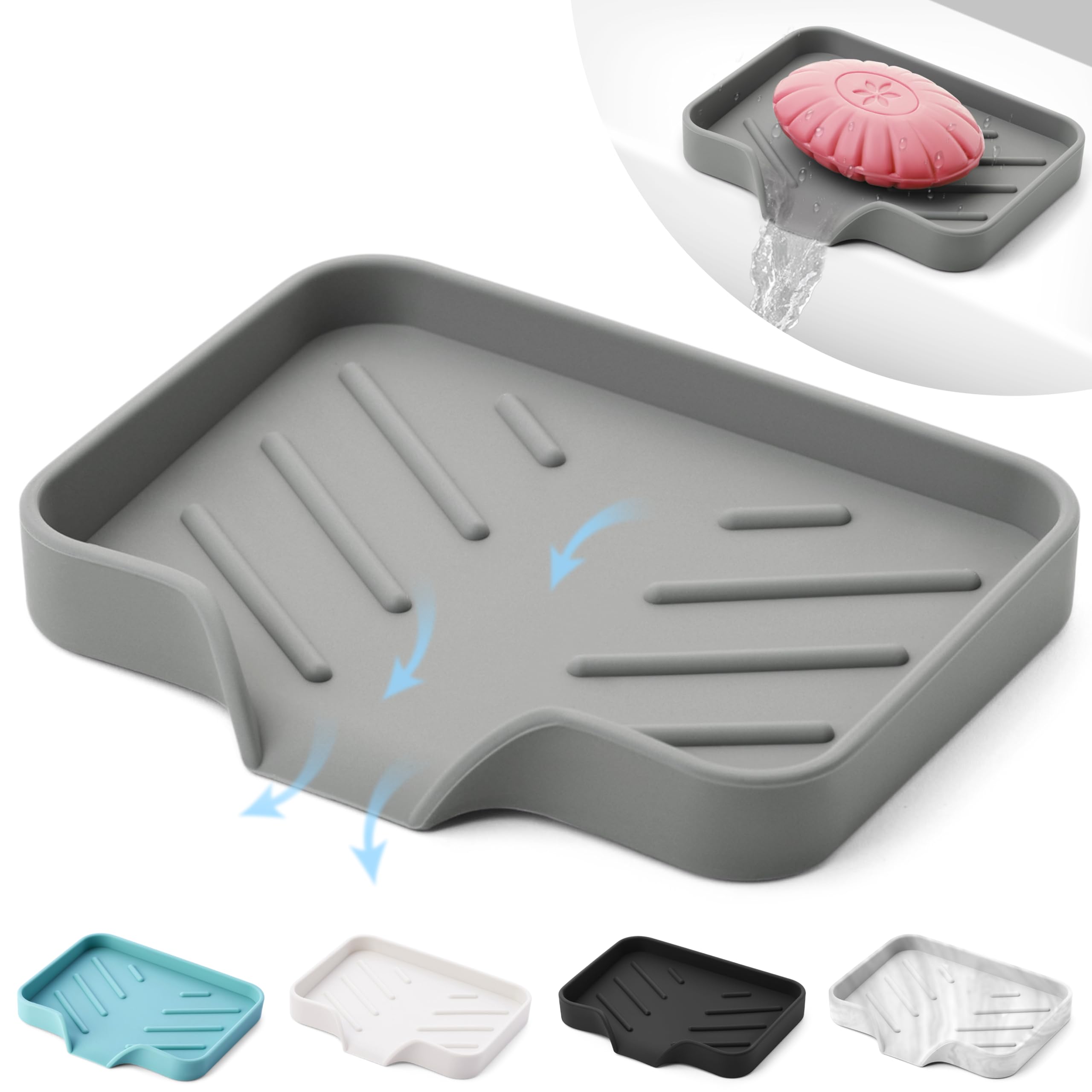 Silicone Soap Dish: Premium Gray Self-Draining Soap Bar Holder - Elegant Soap Dish for Shower & Bathroom Use - Versatile Soap Dishes for Bar Soap - Durable Soap Holder & Bathroom Soap Dish Solution