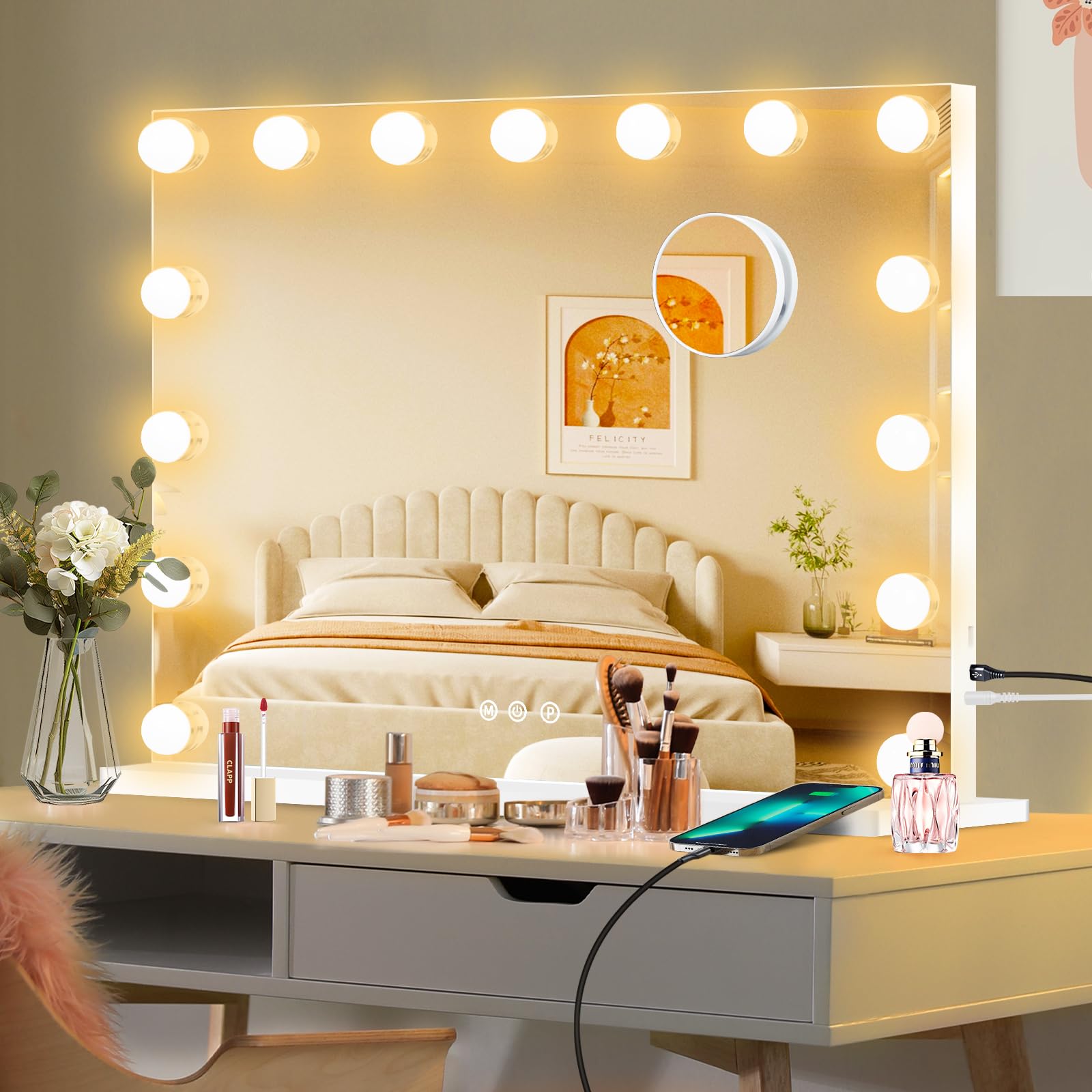 Moonee Hollywood Vanity Mirror With Lights,Makeup Mirror With 15 Dimmable Bulbs And 10X Magnification,3 Colors Modes,Aluminum Me