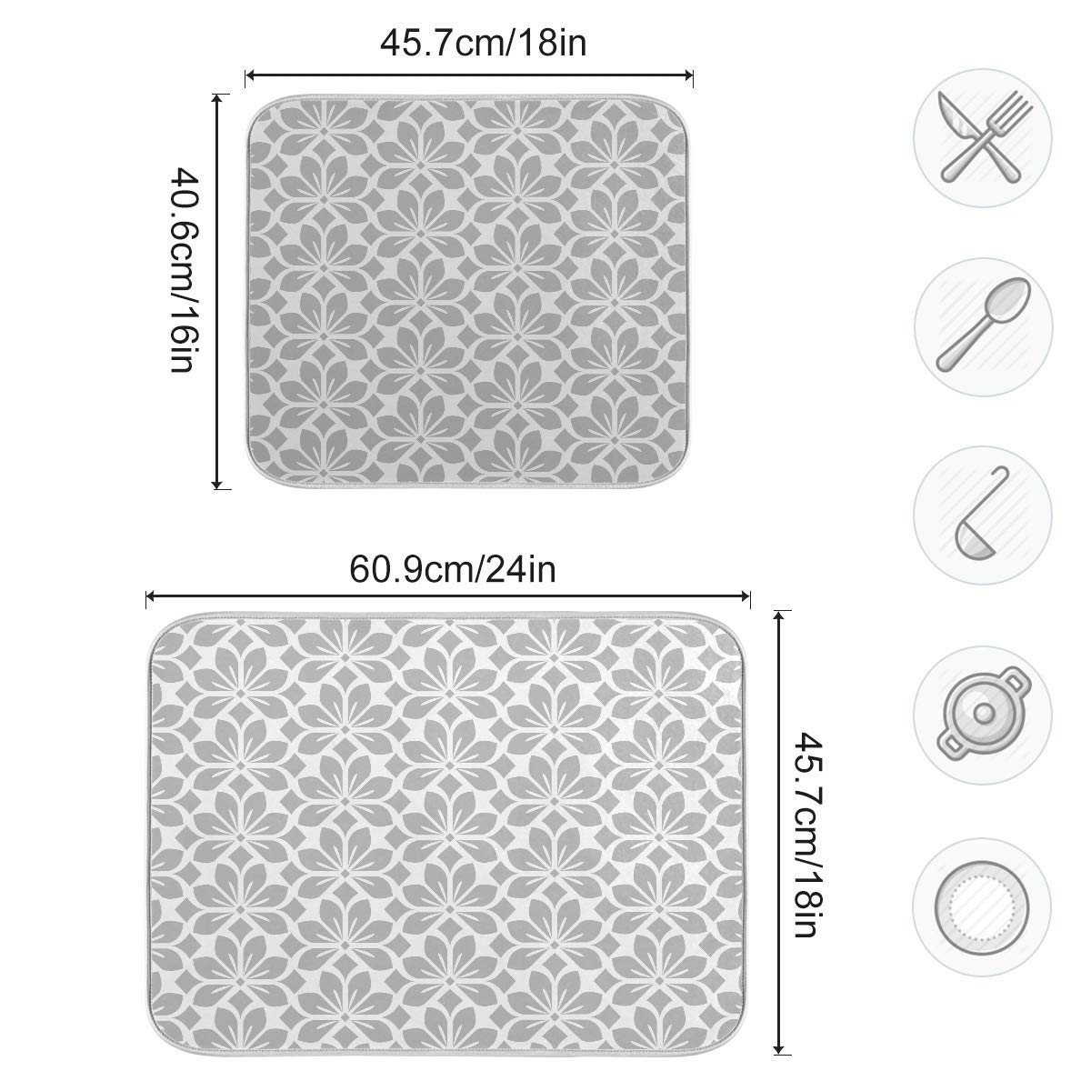 Grey And White Flowers Leaves Dish Drying Mat 16X18 For Kitchen Geometric Leaf Floral Pattern Gray Dishes Pad Dish Drainer Rack