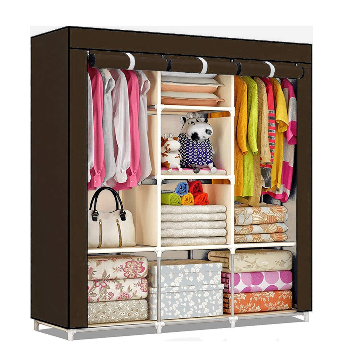 Shopper52 Fancy & Portable Fabric Collapsible Wardrobe Storage Rack  Brown | Foldable Clothes Closet Organizer | 3Door Cupboar