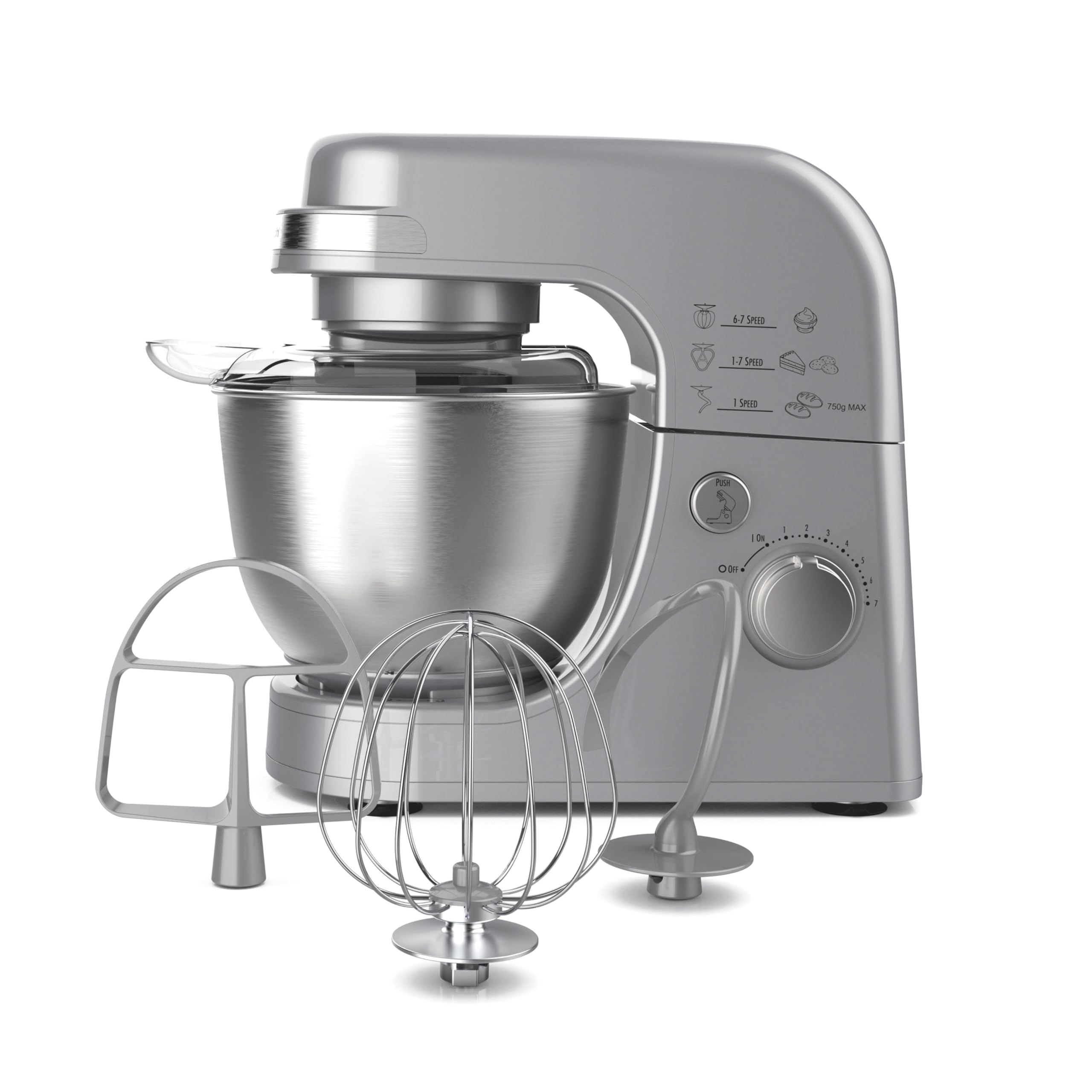 Hamilton Beach Electric Stand Mixer, 4 Quarts, Dough Hook, Flat Beater Attachments, Splash Guard 7 Speeds With Whisk, Silver