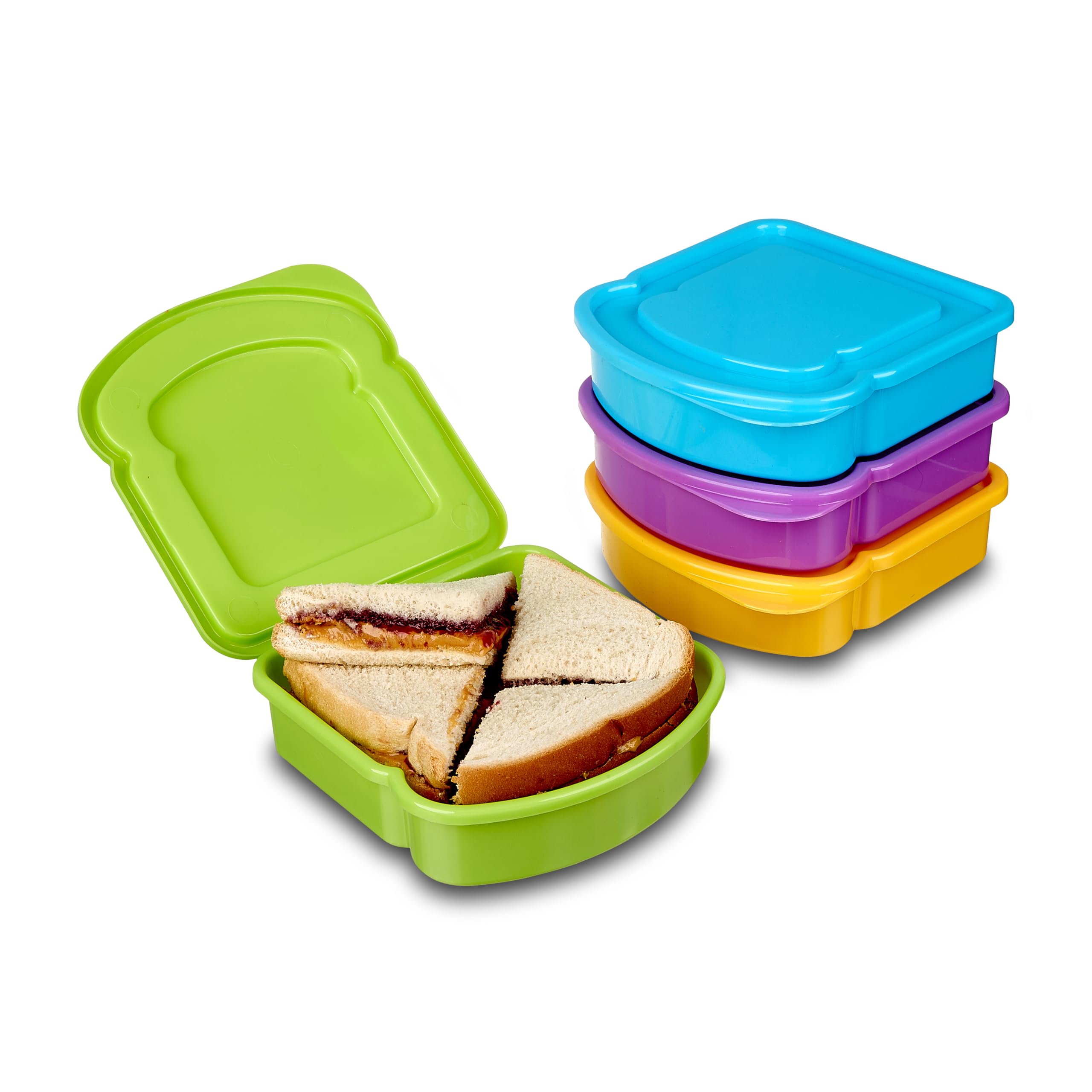 4 Pack - Fun Size Sandwich Containers - Connected Lid Assures Top & Bottom Always Make it Home. Reusable, BPA Free Plastic - San