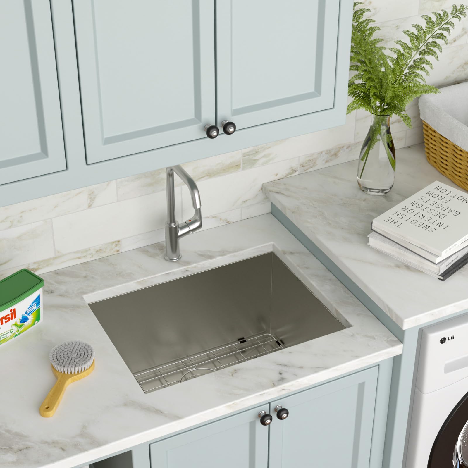 Couoko 23 Inch Undermount Laundry Sink 16 Gauge Stainless Steel 12 Inch Deep Single Bowl Under Counter Handmade Utility Outdoor