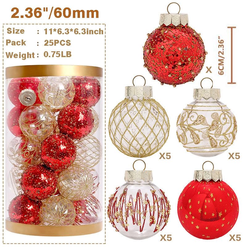 25Pcs Christmasl Ornaments Set,2.36/60mm Red and Gold Christmas tress Decorations,Clear Plastic Shatterproof Christmas Ball Hang