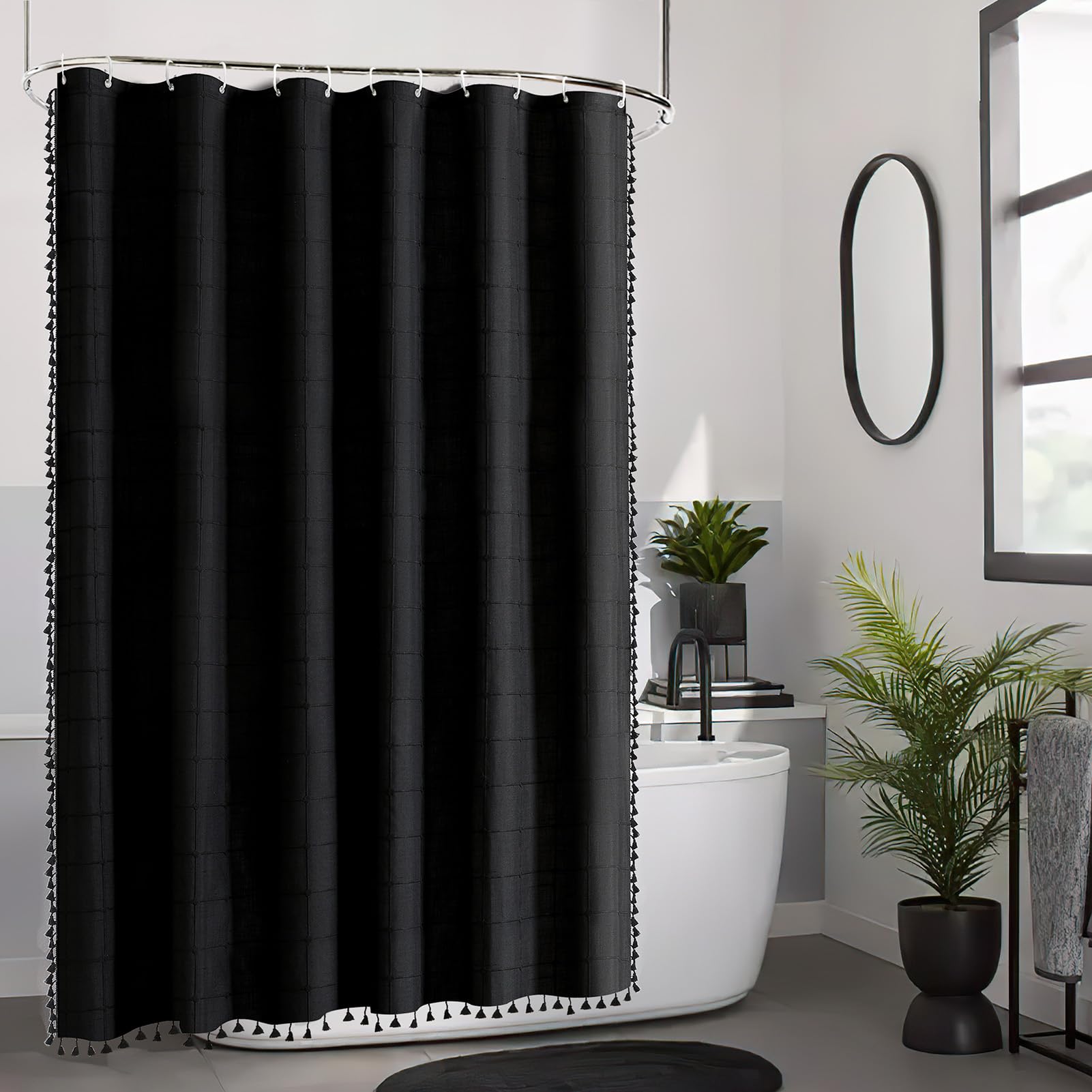 Extra Long Boho 84 Inch Shower Curtain Black Fabric With Tassels, Linen Rustic Heavy Duty Cloth Shower Curtain Set With Hooks, T