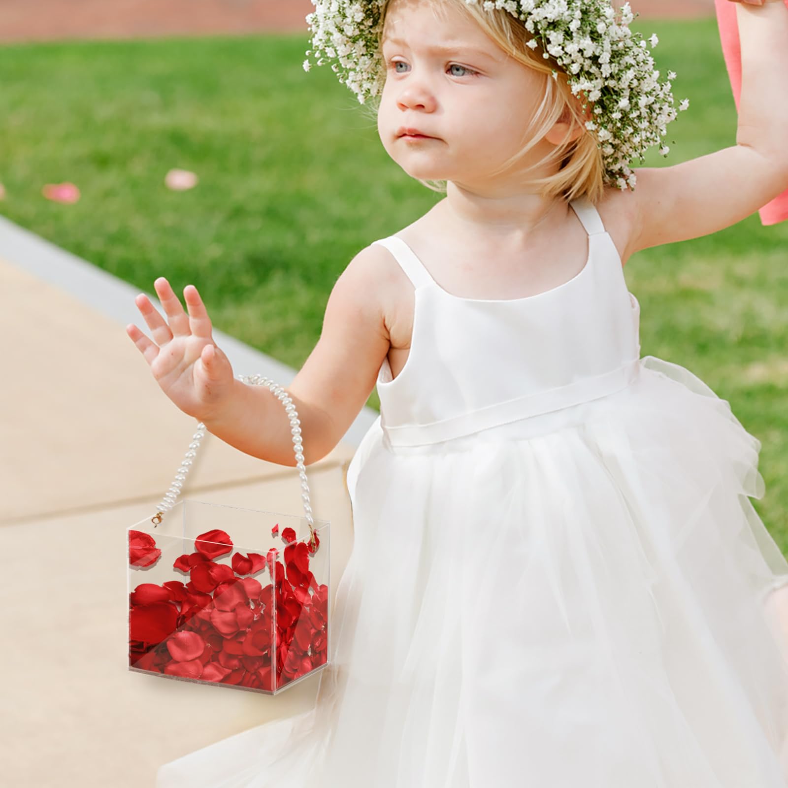 Pahdecor Flower Girl Basket Wedding Basket Petals Basket With Ribbon Acrylic Flower Holder For Confetti (Pearl)