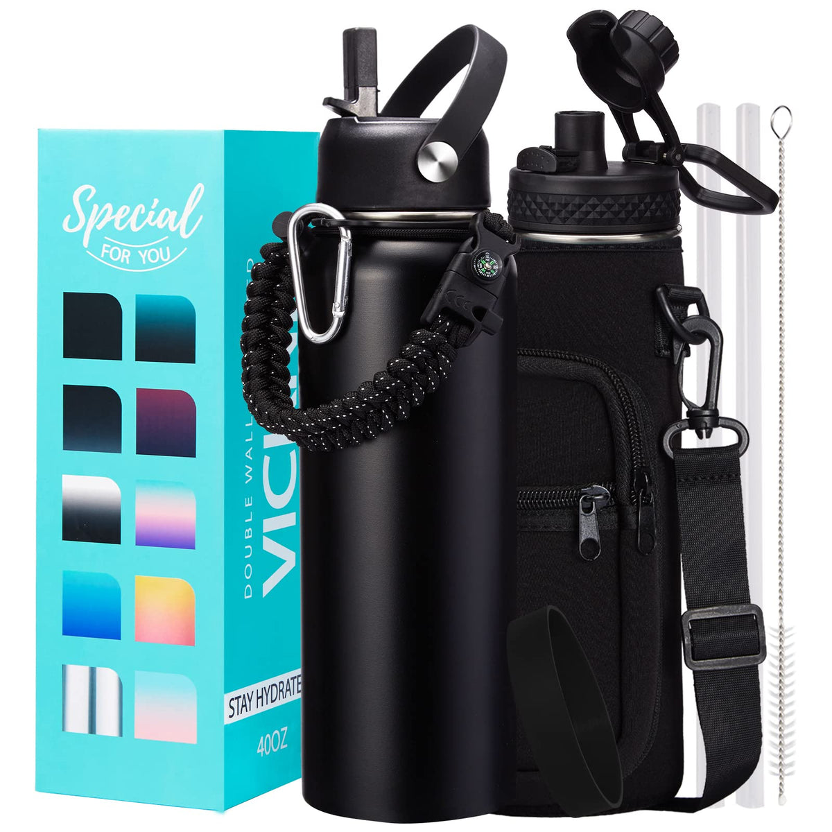 Water Bottle With Straw - 40 Oz Stainless Steel Water Bottles, Big Water Jug Vacuum Insulated Waterbottle With Paracord Handle,