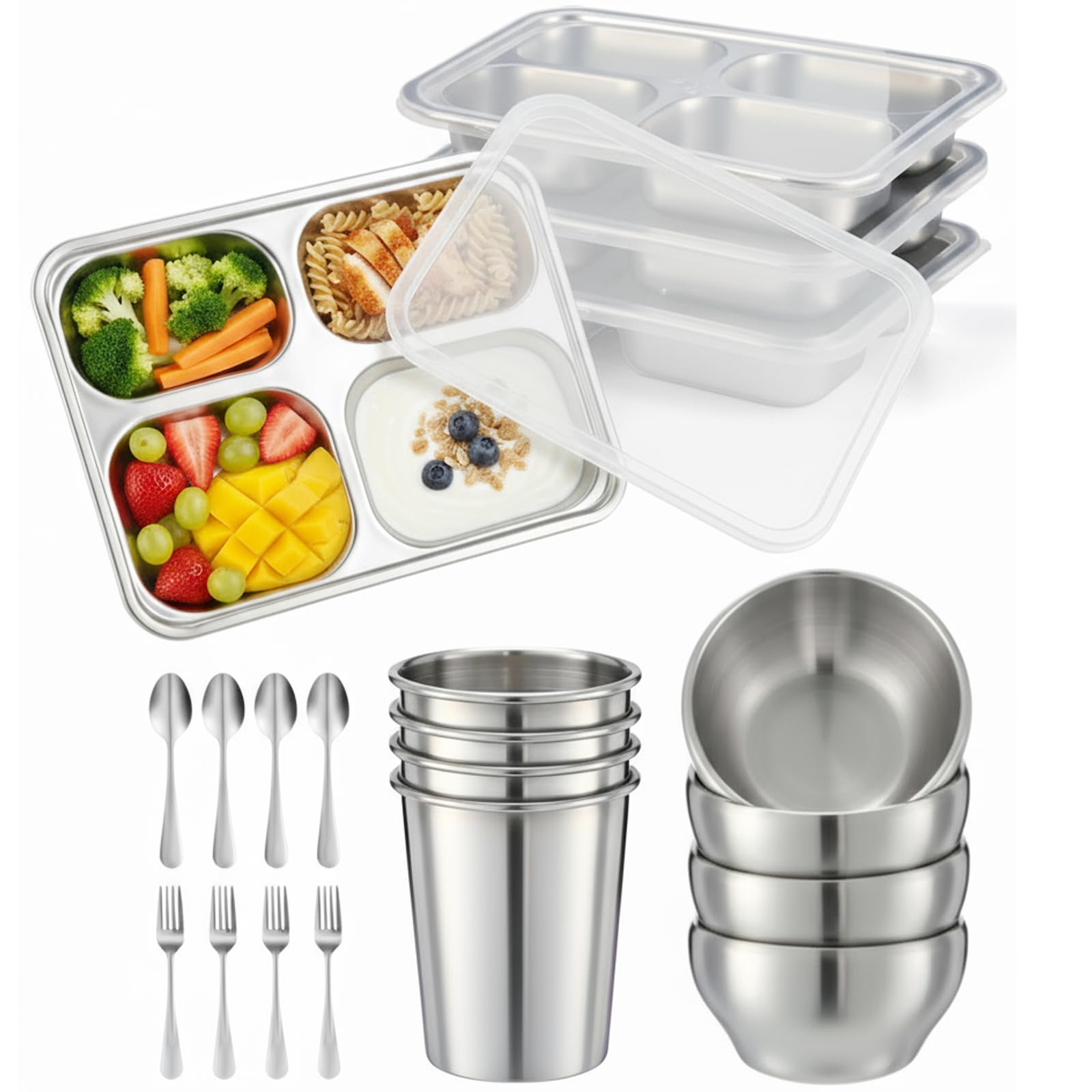 Jinei 20 Pcs Stainless Steel Dishes Set 4 Stainless Steel Plates, 4 Bowls, 4 Cups, 4 Spoons, 4 Forks, Dishwasher Safe, Durable D