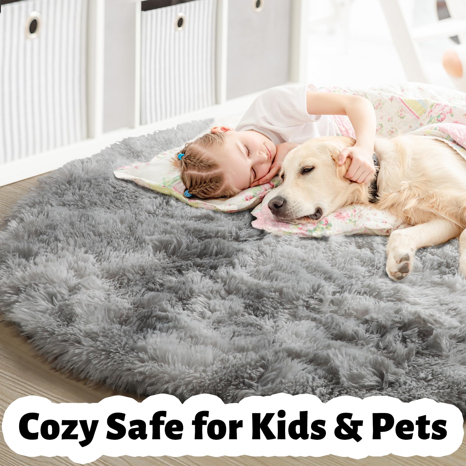 Amdrebio Tie-Dye Light Grey Round Circle Area Rugs 5Ft for Living Room Bedroom, Soft Fluffy Fuzzy Shag Rug for Kids Room Home Of