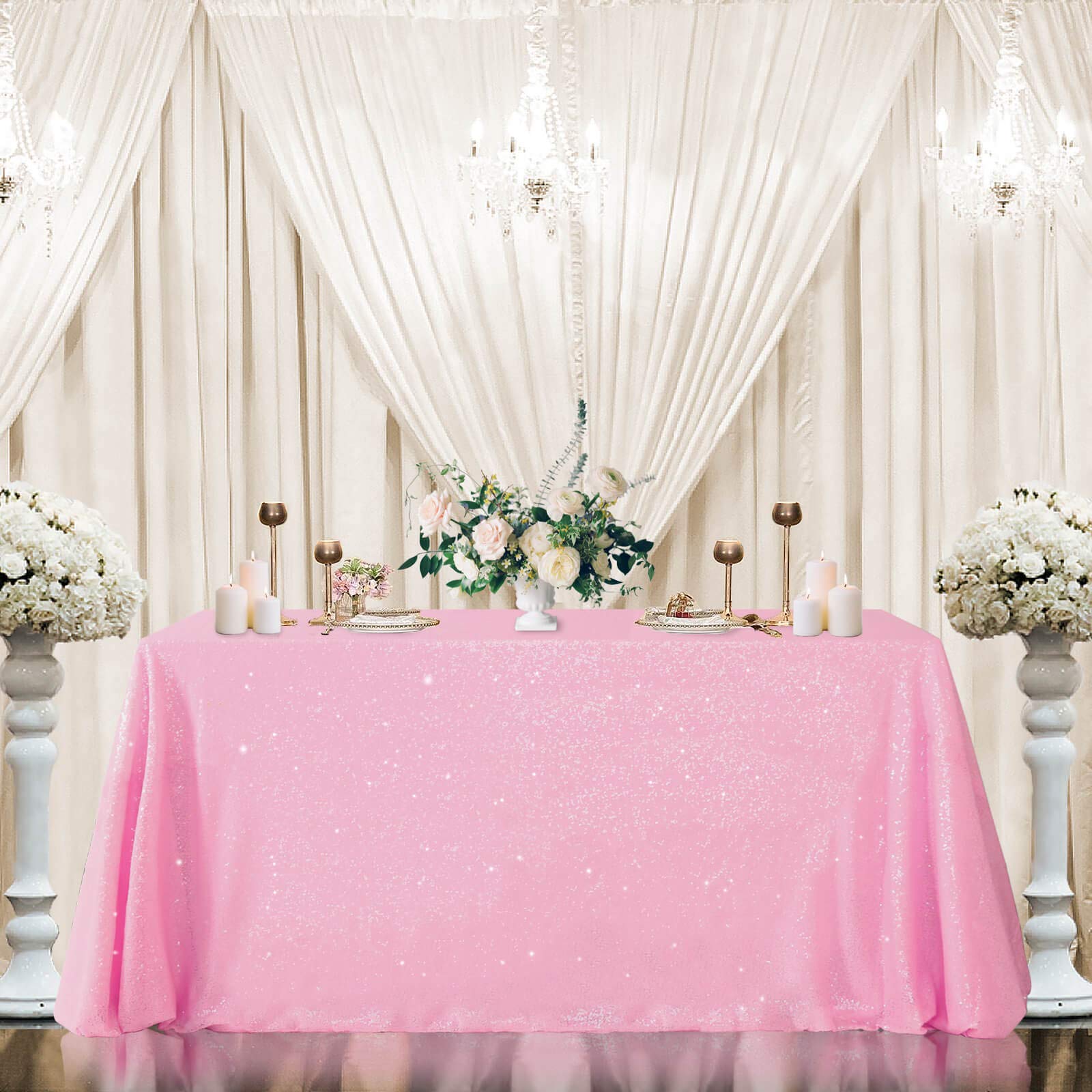 Queendream Sparkly Sequin Tablecloth - Pink Table Cloth 50X80 Inches Rectangle Table Overlay Fabric For Birthday Parties Baby Sh
