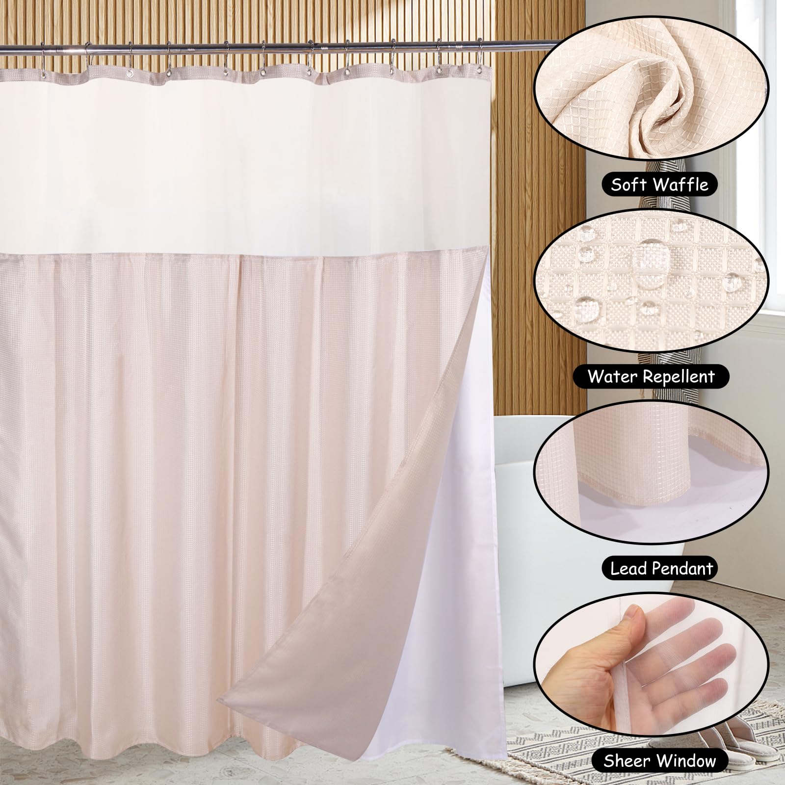 Complete Beige Bathroom Accessories Set 23Pcs - Waffle Shower Curtain With Snap-In Liner, 2Pcs Bath Rug, Trash Can, Toilet Brush