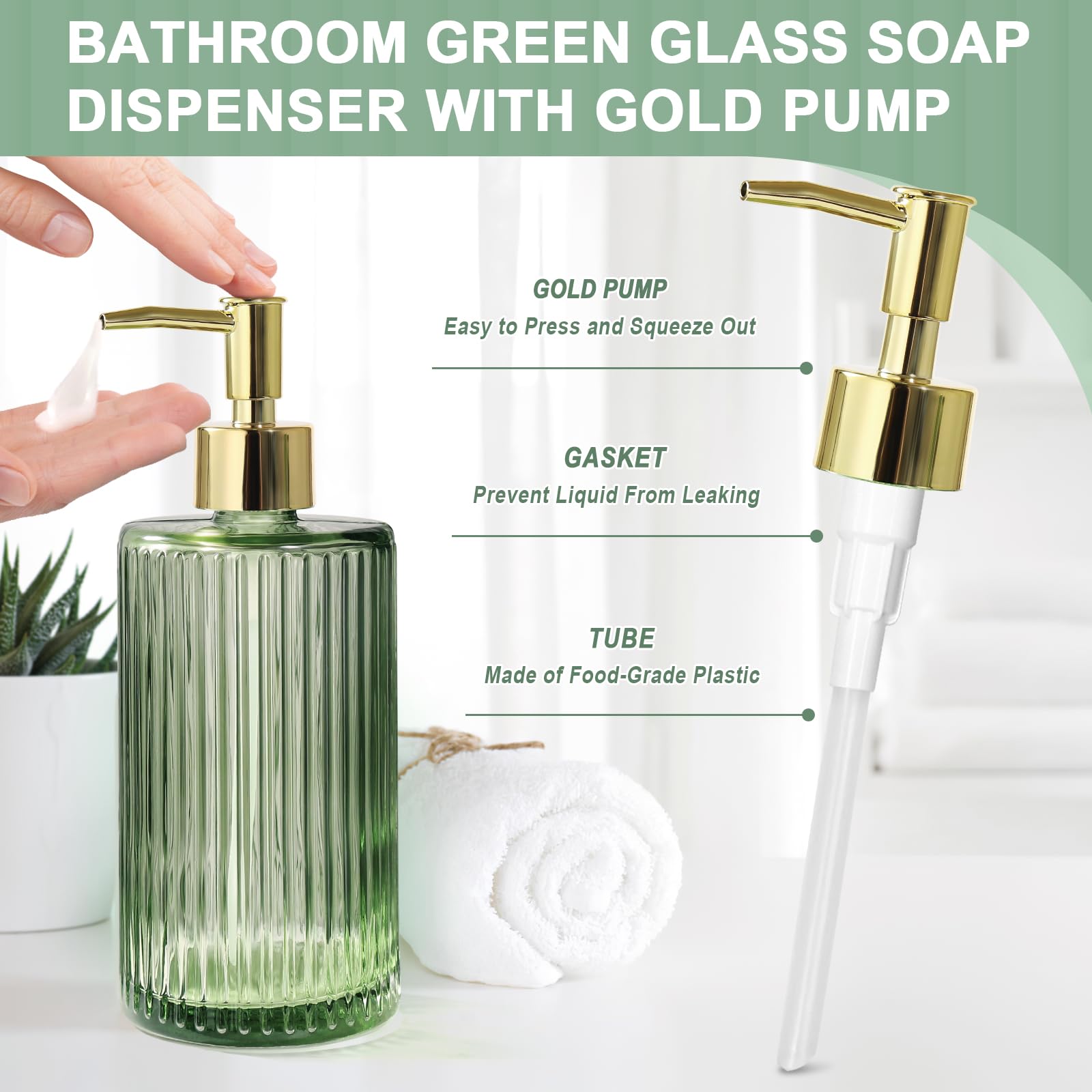 Green Glass Bathroom Accessories 4 Pcs, Green Bathroom Set, Green Soap Dispenser And Toothbrush Holder Set, Qtip Holder Set, Vin
