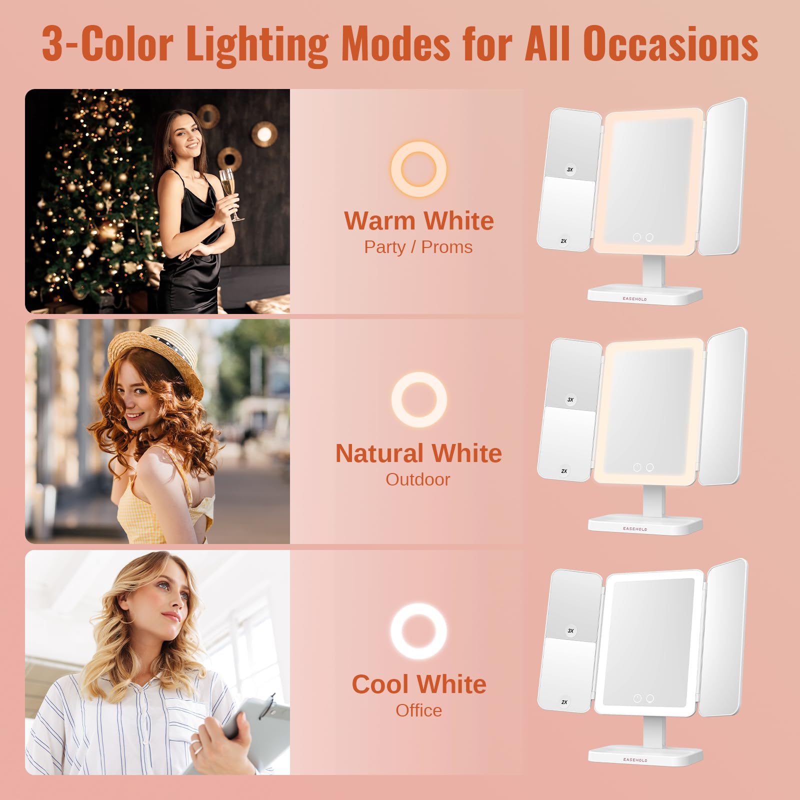 EASEHOLD Lighted Makeup Mirror - 3X Magnification, 3 Color Lights, Rechargeable Trifold Vanity Mirror, 14"L x 11.4"W, A-white, Model