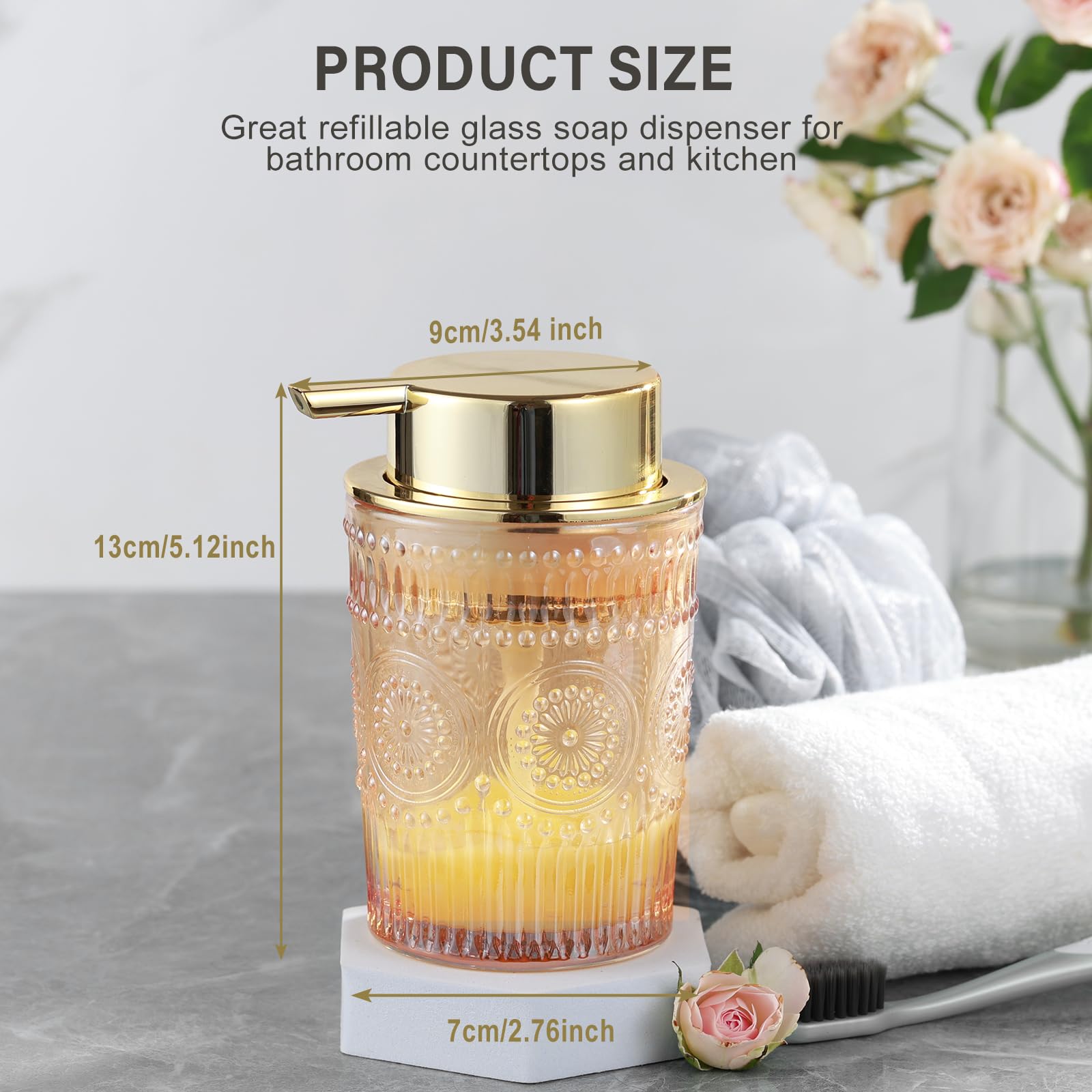 Leicurace Glass Liquid Soap Dispenser, Refillable Liquid Dispenser With Gold Pump, Hand Soap Dispenser For Bathroom Kitchen, Mod
