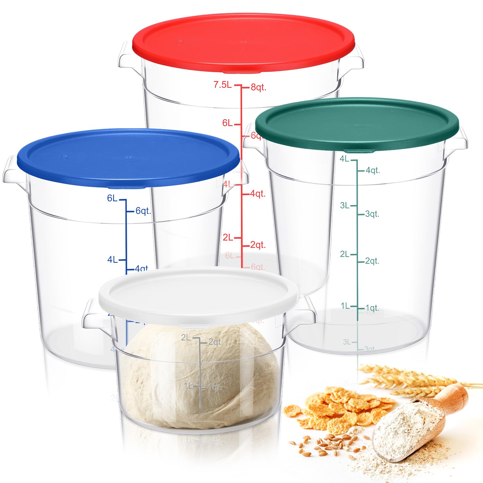 Sawysine 4 Pcs Food Storage Container with Lids Set Proof Dough Clear Round Commercial Containers with Scales and Handles for Br
