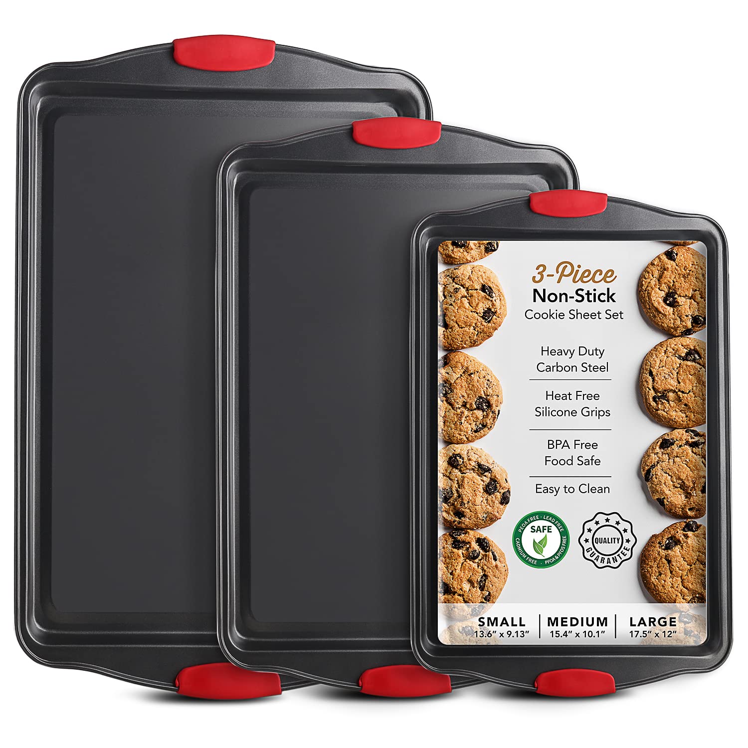 Baking Sheet Set, 3-Piece Cookie Sheet Set with Silicone Handles, Steel Baking Pans Set, Durable Baking Sheets for Oven, BPA Fre