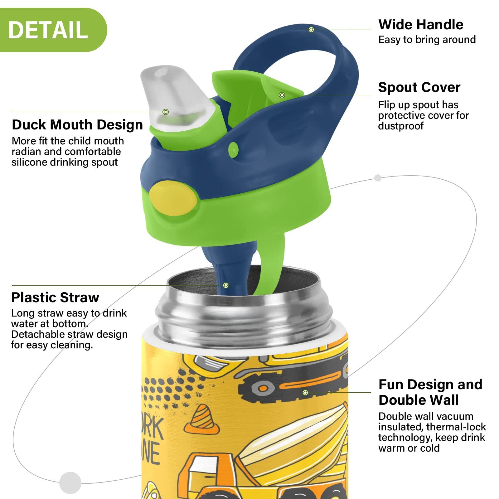 Boccsty Tractor Yellow Truck Kids Water Bottle With Straw Lid Construction Machines Insulated Stainless Steel Reusable Tumbler F