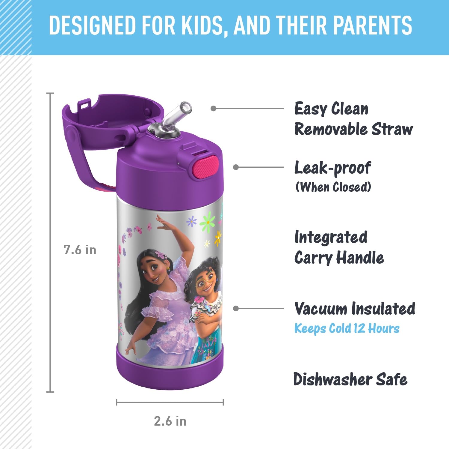 Thermos Funtainer Water Bottle With Straw - 12 Ounce, Encanto - Kids Stainless Steel Vacuum Insulated Water Bottle With Lid