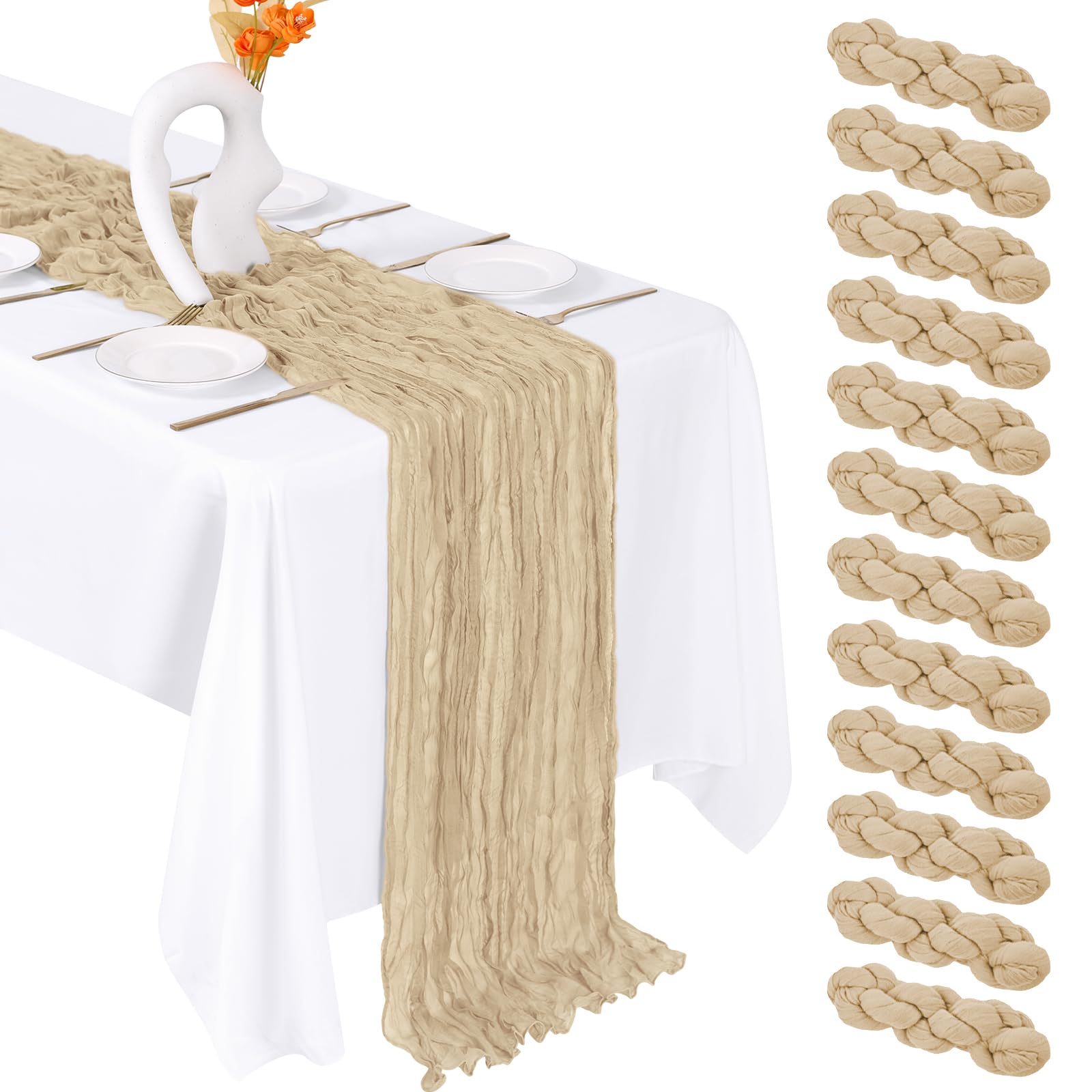 FANTEKE 12 Pack Beige Cheesecloth Table Runner 20 x 120 Inch Gauze Table Runner Fabric Semi Sheer Cheese Cloth Table Decor Bulk 