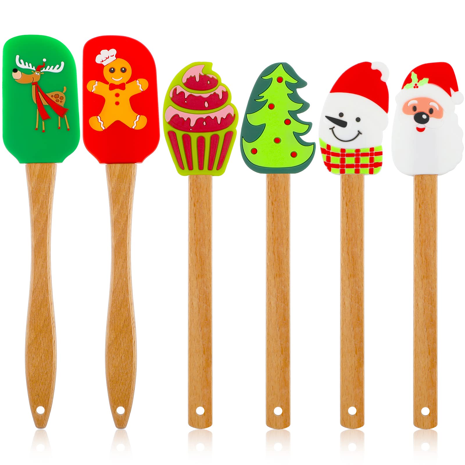 Patelai 6 Pcs Christmas Silicone Spatulas with Wooden Handle,Vivid Style