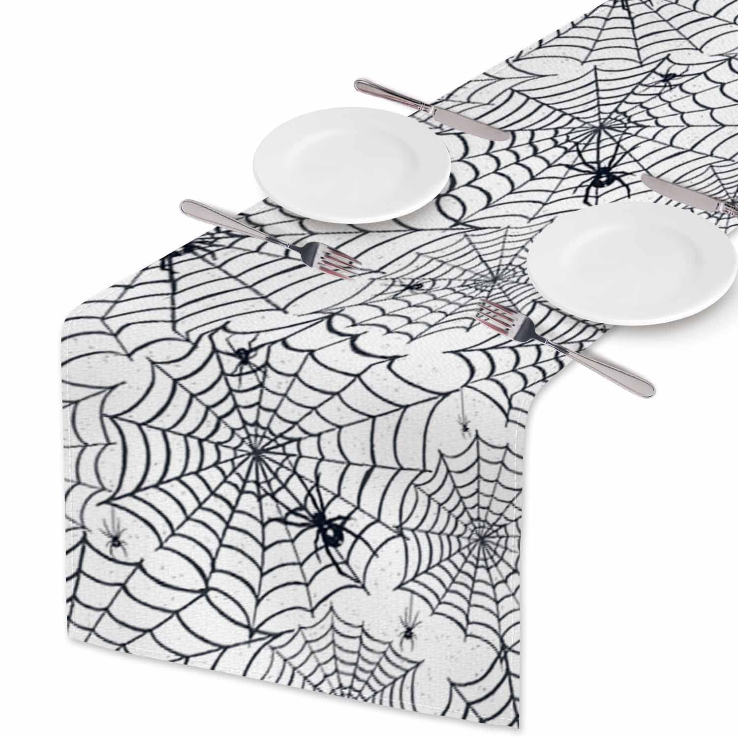 HOSNYE Table Runner Black Spiders on Webs Hand Drawn Cotton Linen Table Runner Decoration for Kitchen Family Dinner Table Holiday Party Farmhouse Style 13 x 72 Inch