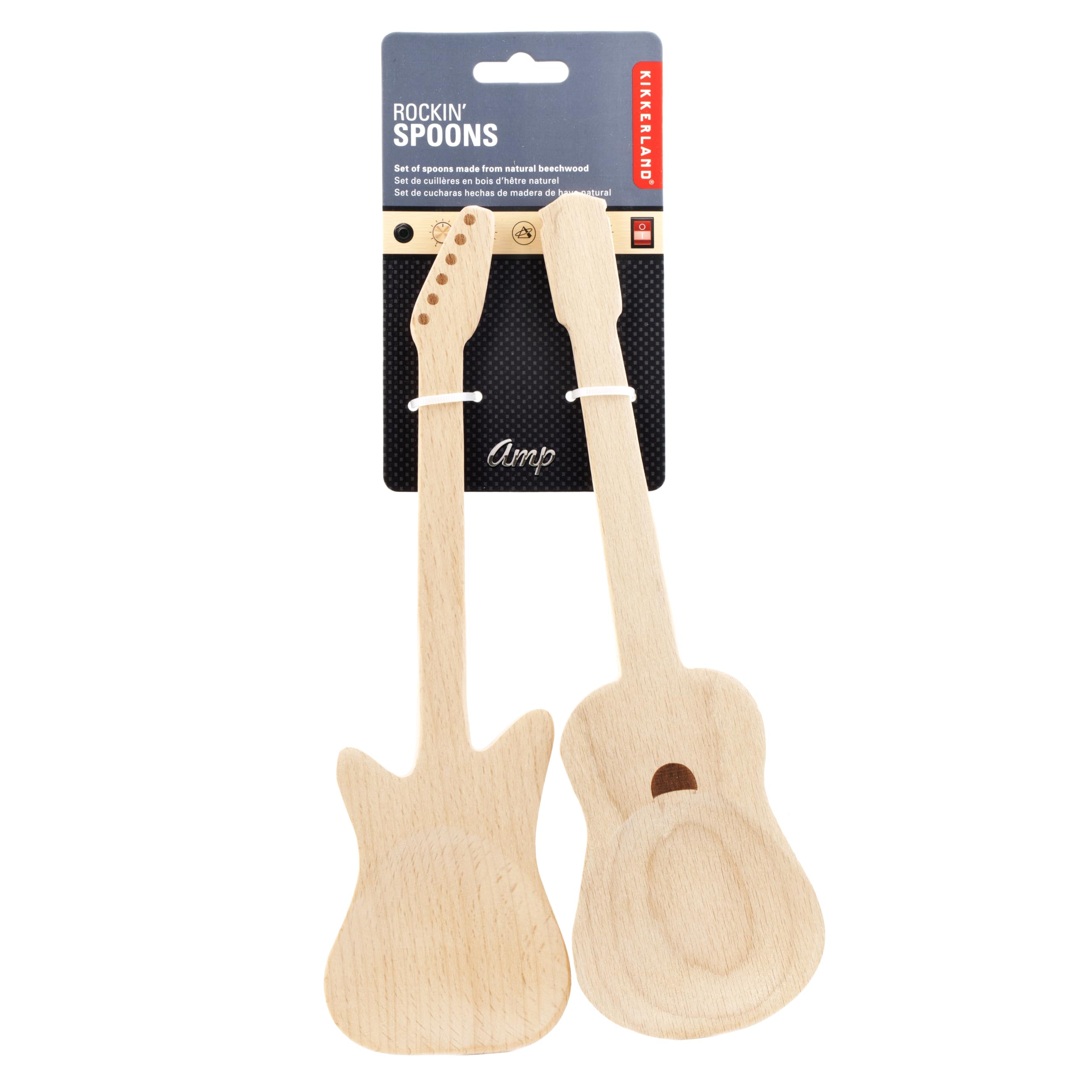 Kikkerland Guitar Style Rockin Wooden Novelty Spoons, Long Handle Serving Utensils Set, Heat Resistant, Brush And Fork For Music