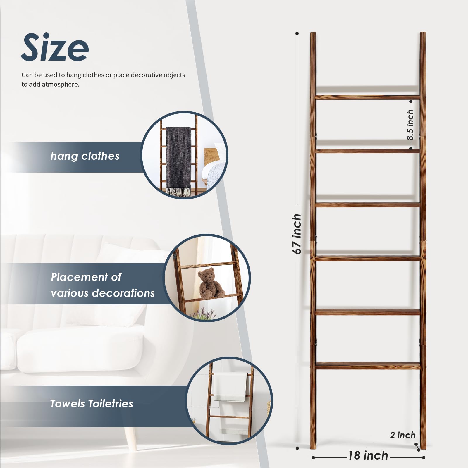 6-Tier Blanket Ladder Wooden, 5.7Ft(66.5'') Blanket Quilt Towel Holder Rack Decorative Ladder, Easy Assembly, Rustic Farmhouse L