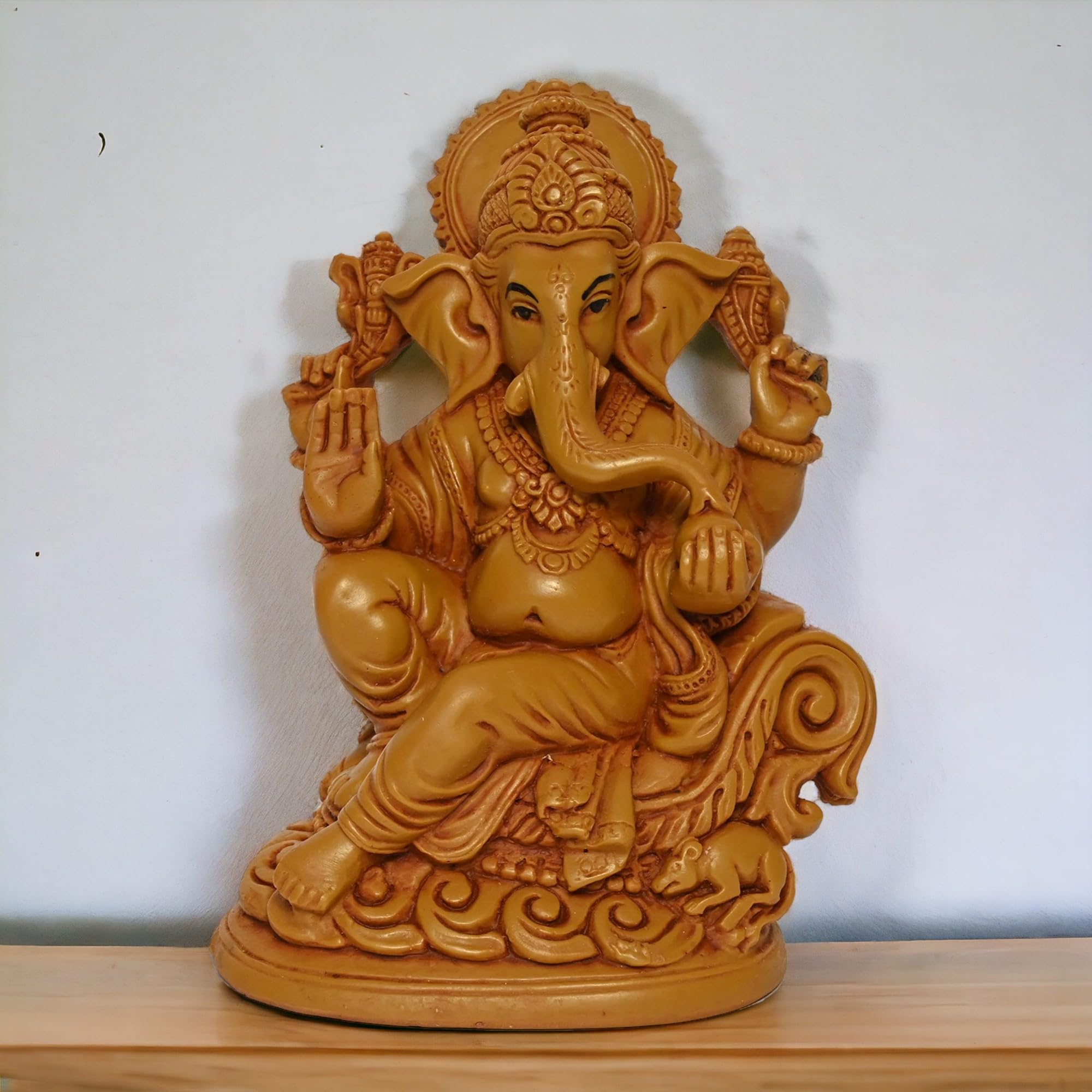Karighar Polyresin Ganesh Ganpati Bappa Idol Perfect For Home | Living Room | Puja Room | Gifting (Brown, 10 X 11 X 15 Cm)