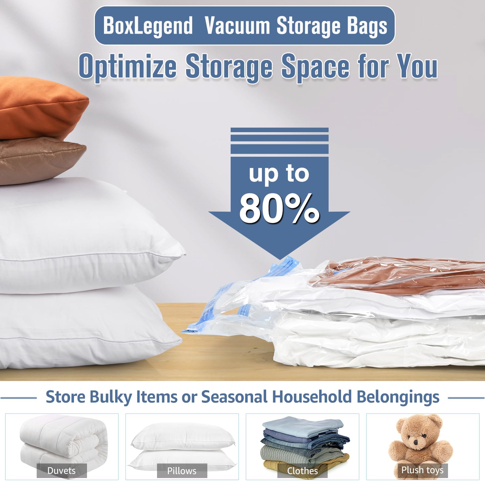 BoxLegend Vacuum Storage Bags with Large Hand Pump 30 Combo (4 Jumbo, 10 Large, 10 Medium, 6 Small) Thickened Vacuum Seal Bags f