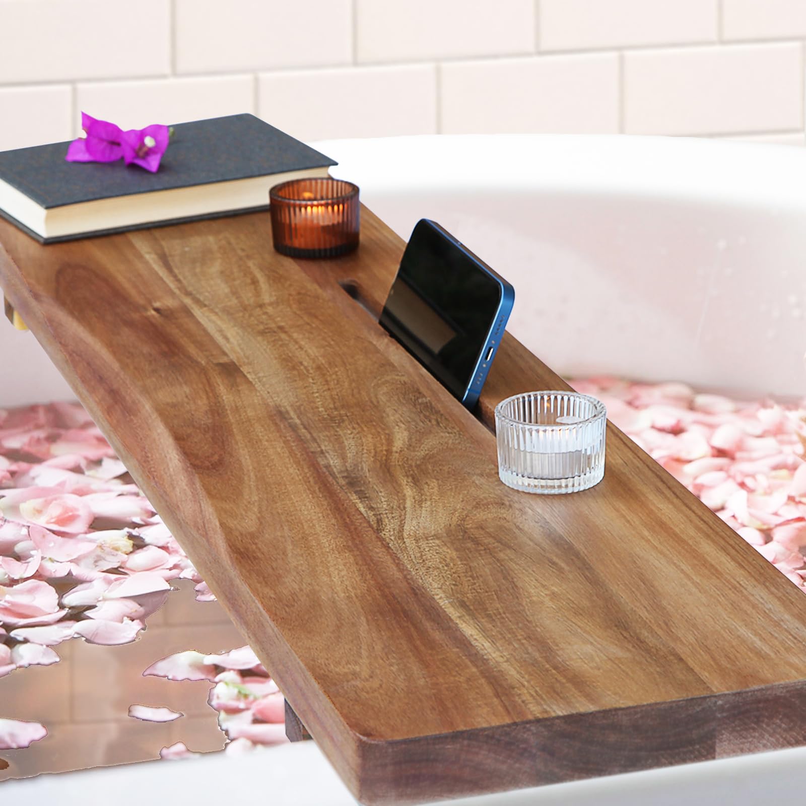 Premium 1.2In Thickened Board Acacia Wood Bathtub Tray Caddy With Adjustable Legs, Minimalistic Design Bath Tray For Tub, Bathtu