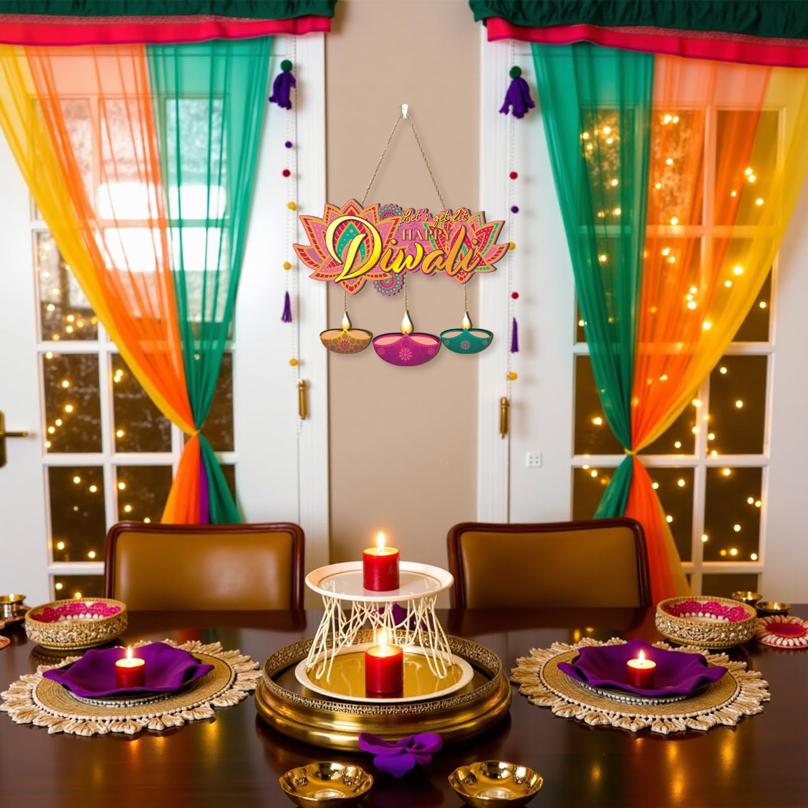 Aurlan Happy Diwali Signs,Let s Get LIt Diwali Door Decoration,Indian Festival of Light Party Decor,Diya Lotus Door Hangings,Dew