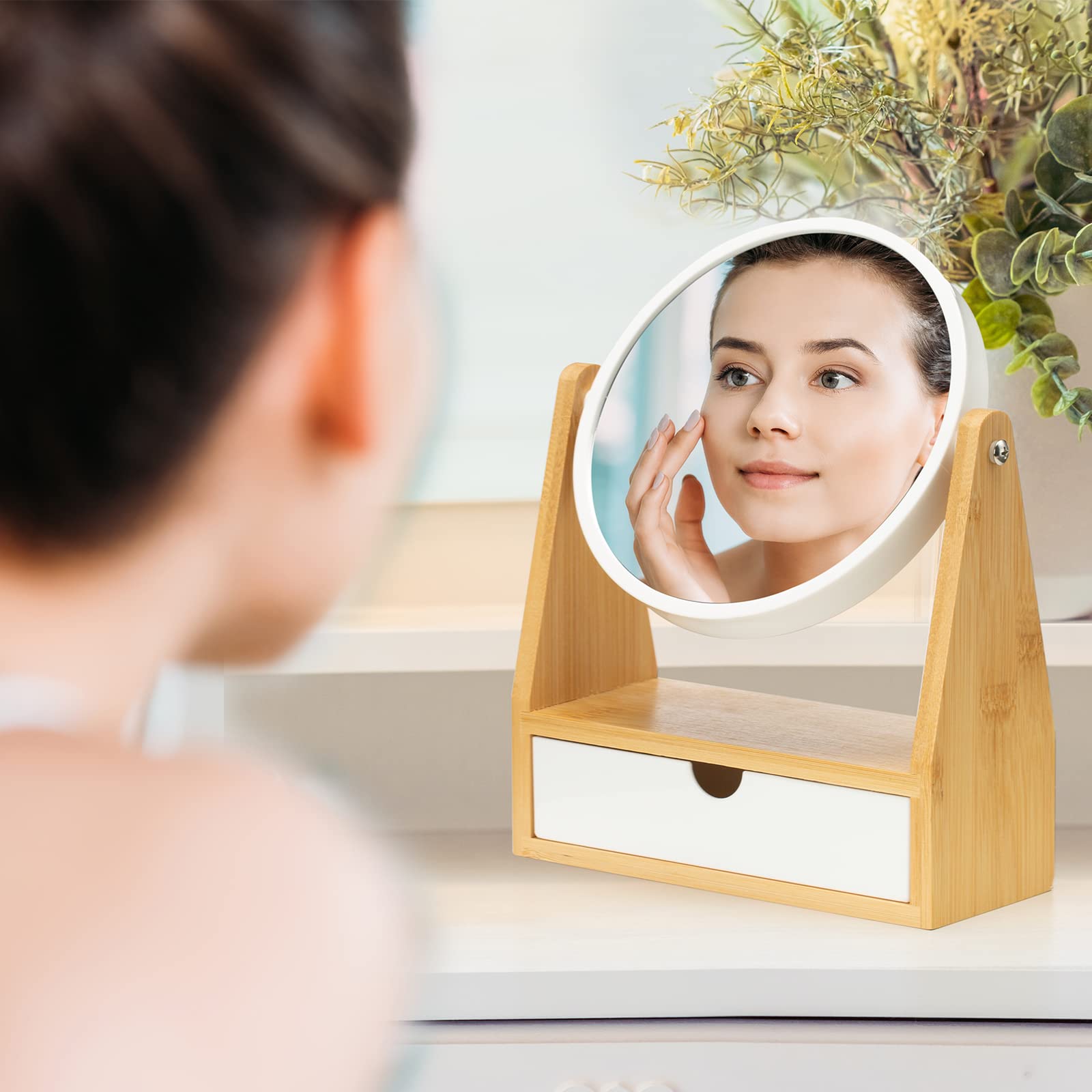 Yeake Vanity Makeup Mirror With Natural Bamboo Stand, 1X/3X Double Sided Magnifying Mirror With Drawer,Portable Small Table Desk