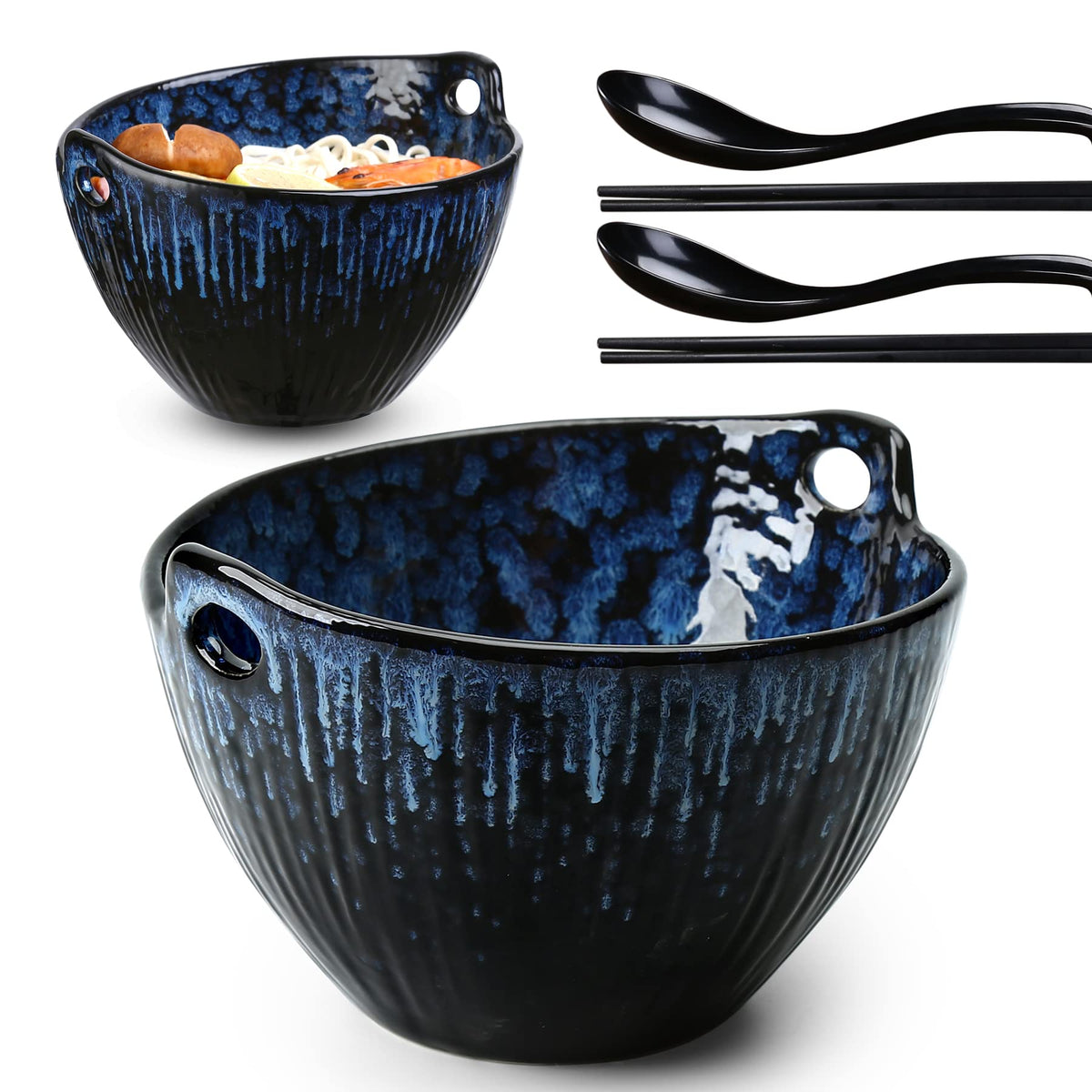 Jh Jiemei Home Ramen Bowl With Chopsticks And Spoons Set, 7 Inch Ceramic Noodle Bowl Set Of 2, Dishwasher Safe For Pho Udon Soba