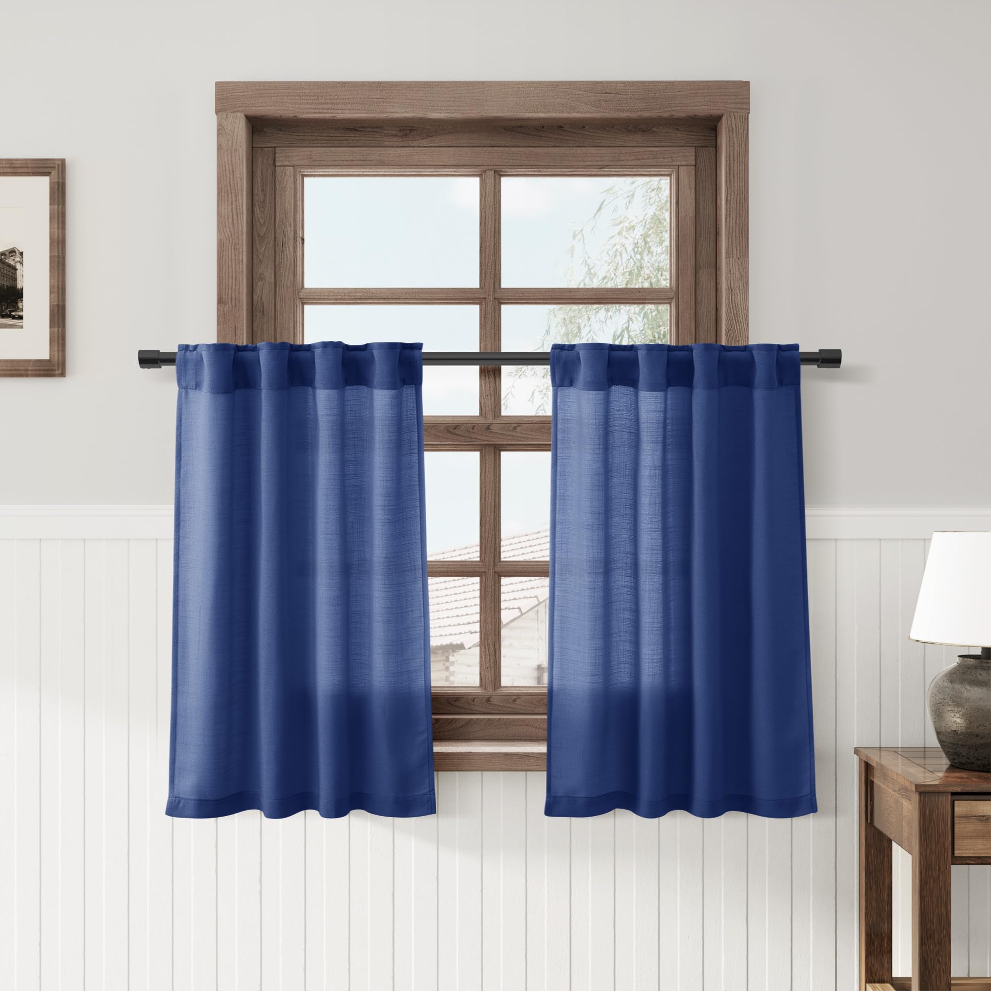 Classic Blue Linen Kitchen Curtains 36 Inch Length 2 Pack Light Filtering Semi Industrial Style Transparent Linen Blend Short Dr
