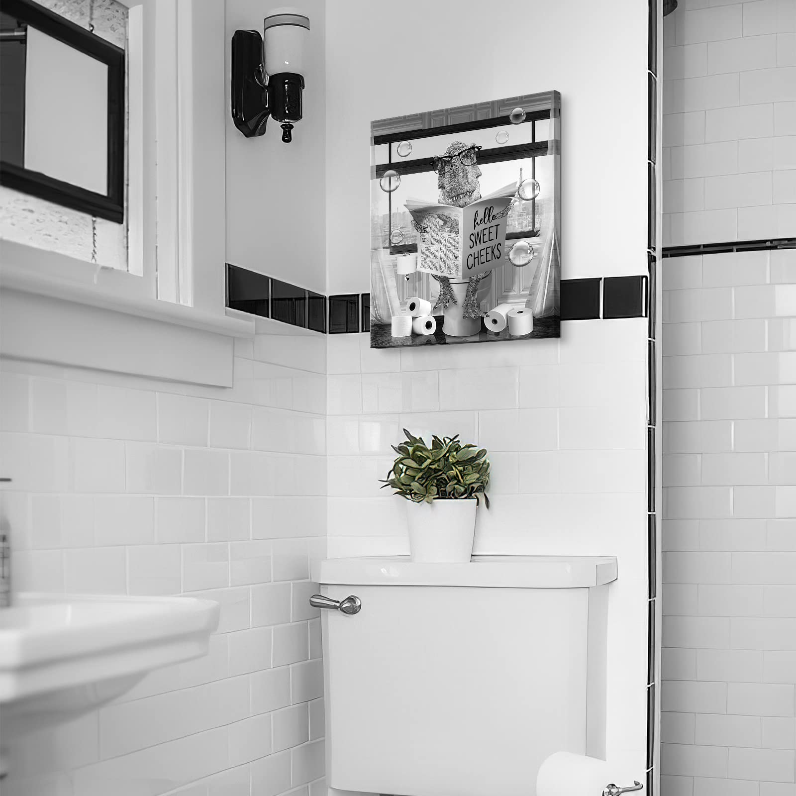 Funny Dinosaur Wall Art Black And White Bathroom Print Farmhouse Bathroom Animals Wall Decor Dinosaur Sitting In Toilet Reading