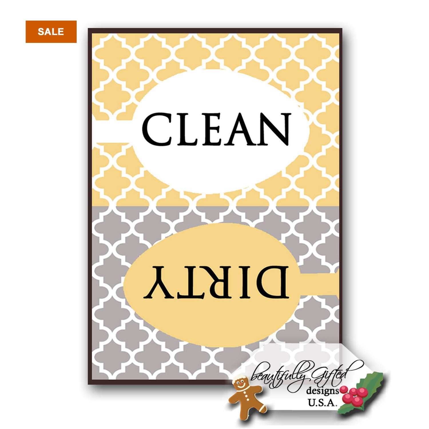 Clean Dirty Dishwasher Magnet Sign - Modern Elegant Moroccan Trellis Pattern - Yellow Gold Grey - 2.5 x 3.5 - Housewarming, Gag 