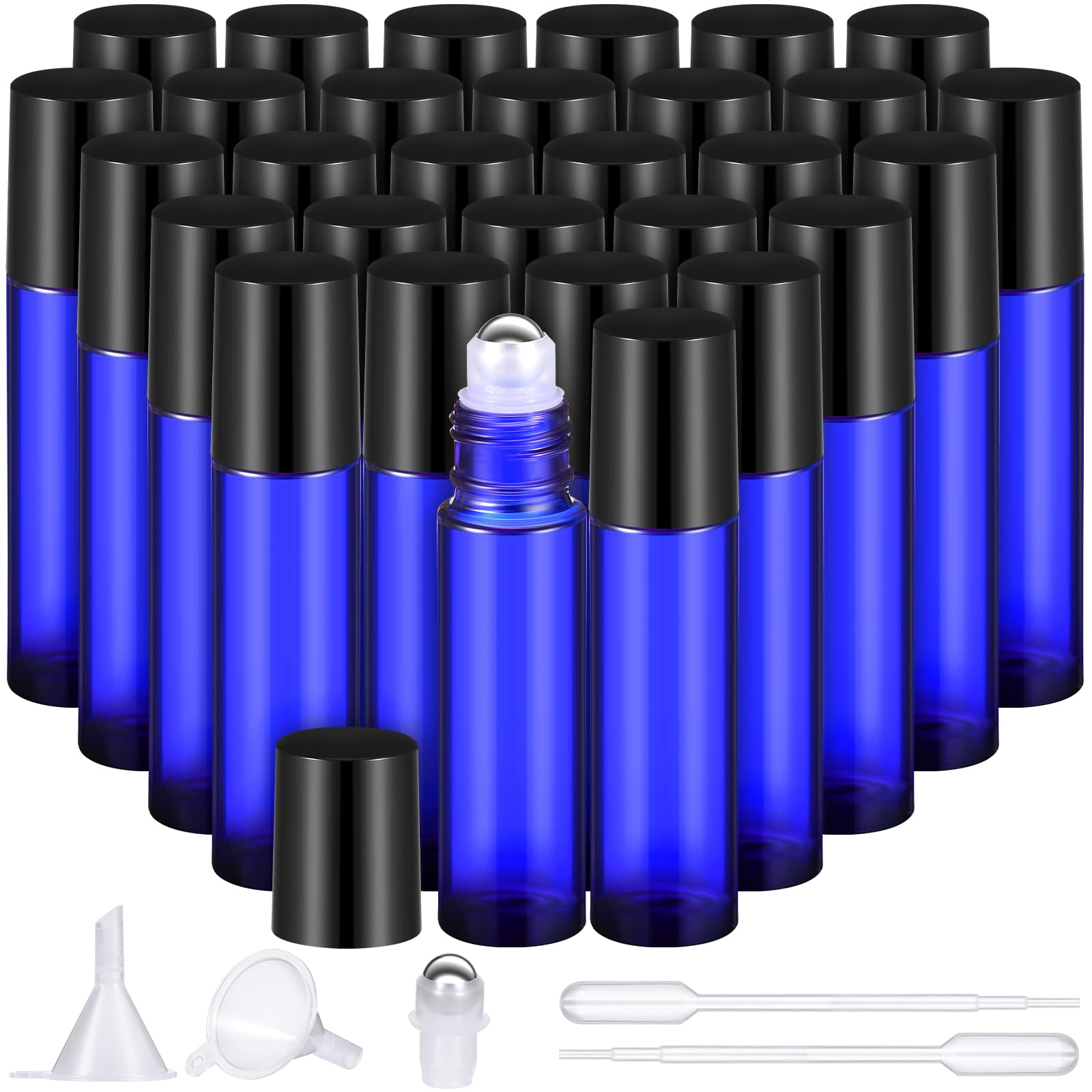 Domensi 30 Pcs Essential Oil Bottles, 10 ml Glass Bottle with Stainless Steel Roller Ball and Cap for Travel, Perfume, Lip Balm,