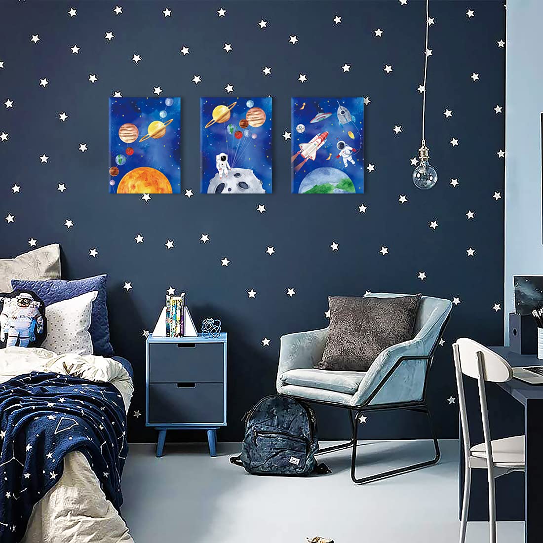 CHDITB Framed Outer Space Art Prints Cartoon Watercolor Planet Wall Art Set of 3 Pieces (11.8x15.6inch)  Universe Theme Canvas Painting  Spaceship  Astronaut For Kids Room Nursery Decor-Ready to Hang