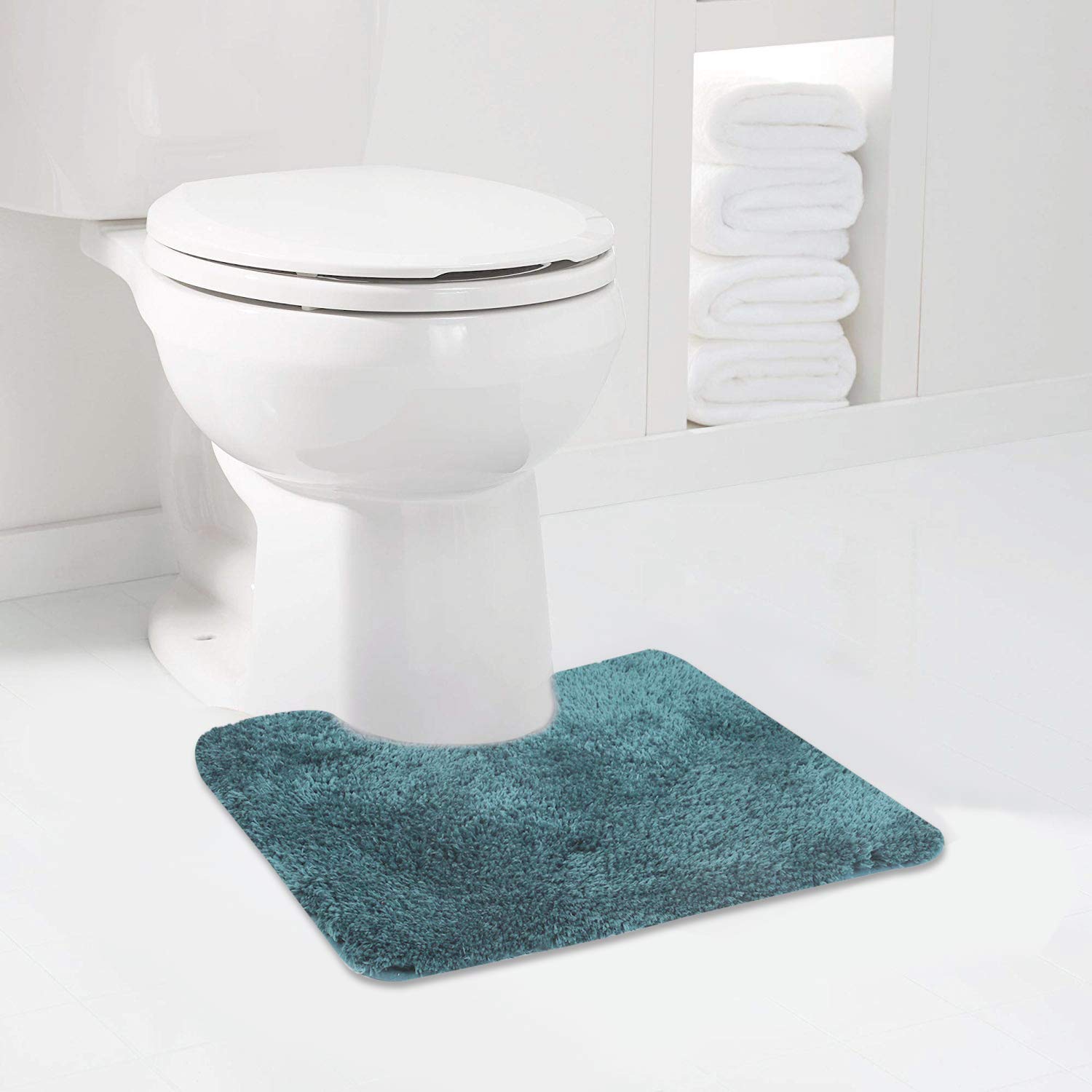 Walensee Contour Rug (20x24, Teal) Non Slip Bath Mat, Soft Microfiber Shaggy Mat, Machine Washable, U Shape Toilet Rug