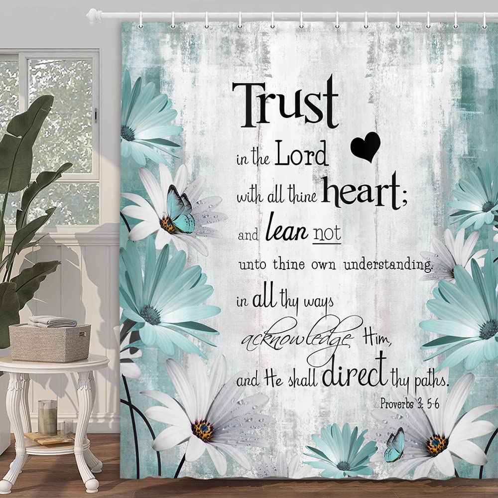 Rustic Farmhouse Teal Shower Curtain Bible Verse Inspirational Shower Curtain Country Farm Teal Daisy Flowers Butterfly Abstract