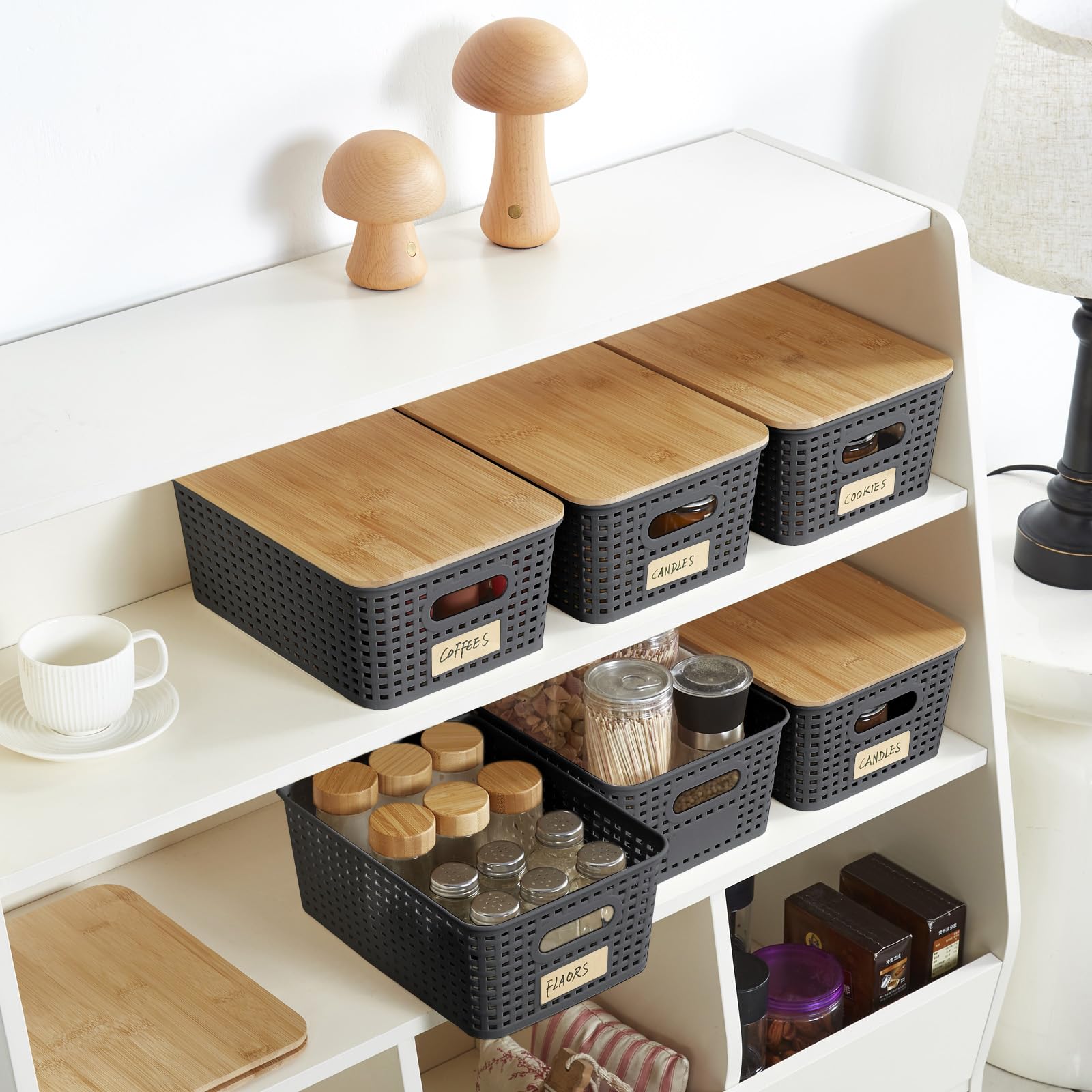 Bagnizer Plastic Storage Bins With Bamboo Lids Stackable Box Basket Pantry Decorative Containers Cute With Lable For Organizing