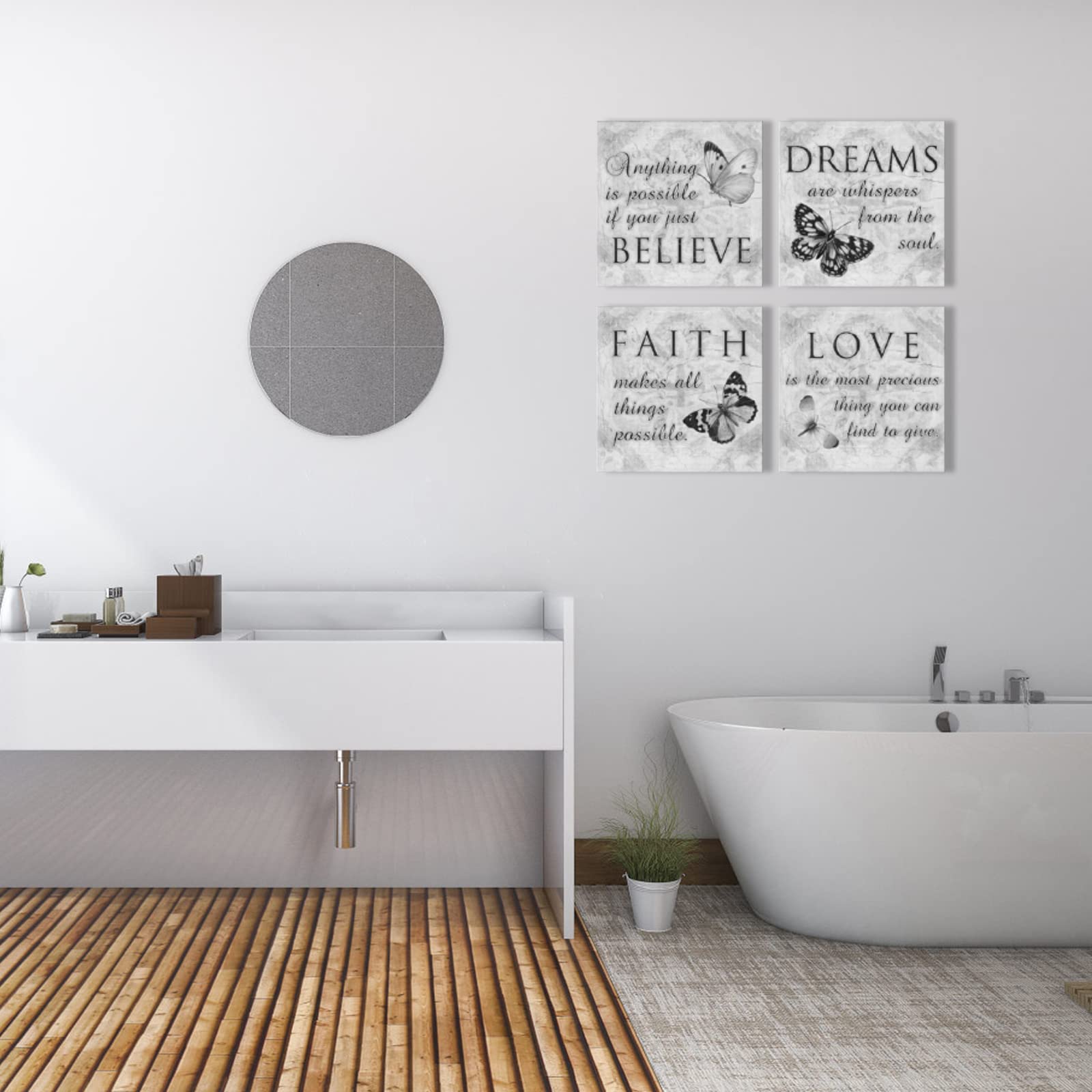 Inspirational Butterfly Wall Art - 4 Panels Grey Canvas Print - Faith Love Dreams Believe Calligraphy Canvas Wall Decor - Motivational Posters for Home Office Decor (B01  12x12inch)