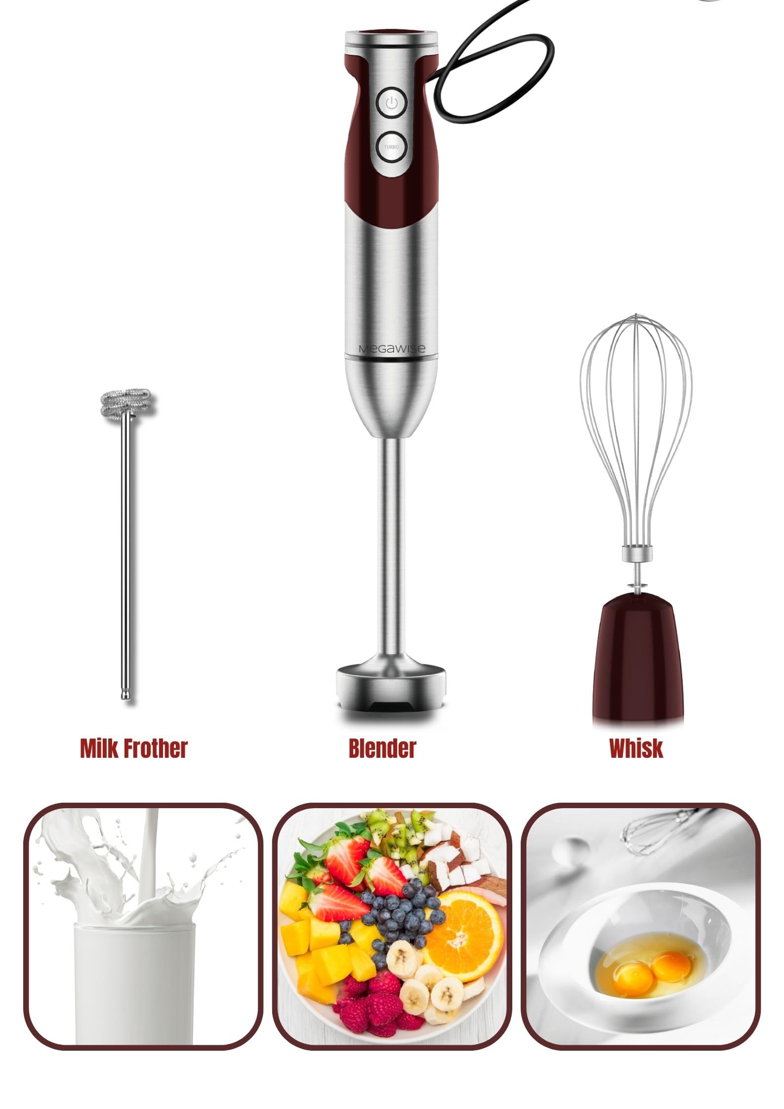 MegaWise Pro Titanium Reinforced 3-in-1 Immersion Hand Blender  Powerful MOTOR with 80% Sharper Blades  12-Speed Corded Blender  IncludingWhisk and Milk Frother (3-in 1 Red)