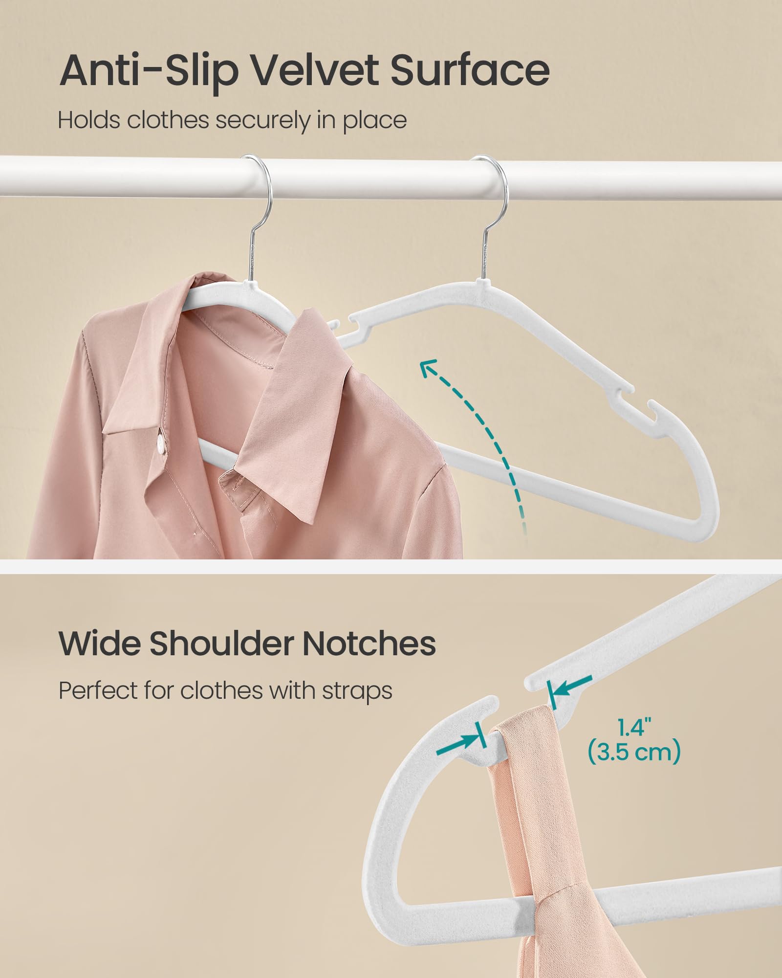 Songmics Velvet Hangers 50 Pack, Non-Slip Clothes Hangers, 17 X 8.3 Inches, Coat Hangers With Wide Shoulder Notches, Pants Bar,