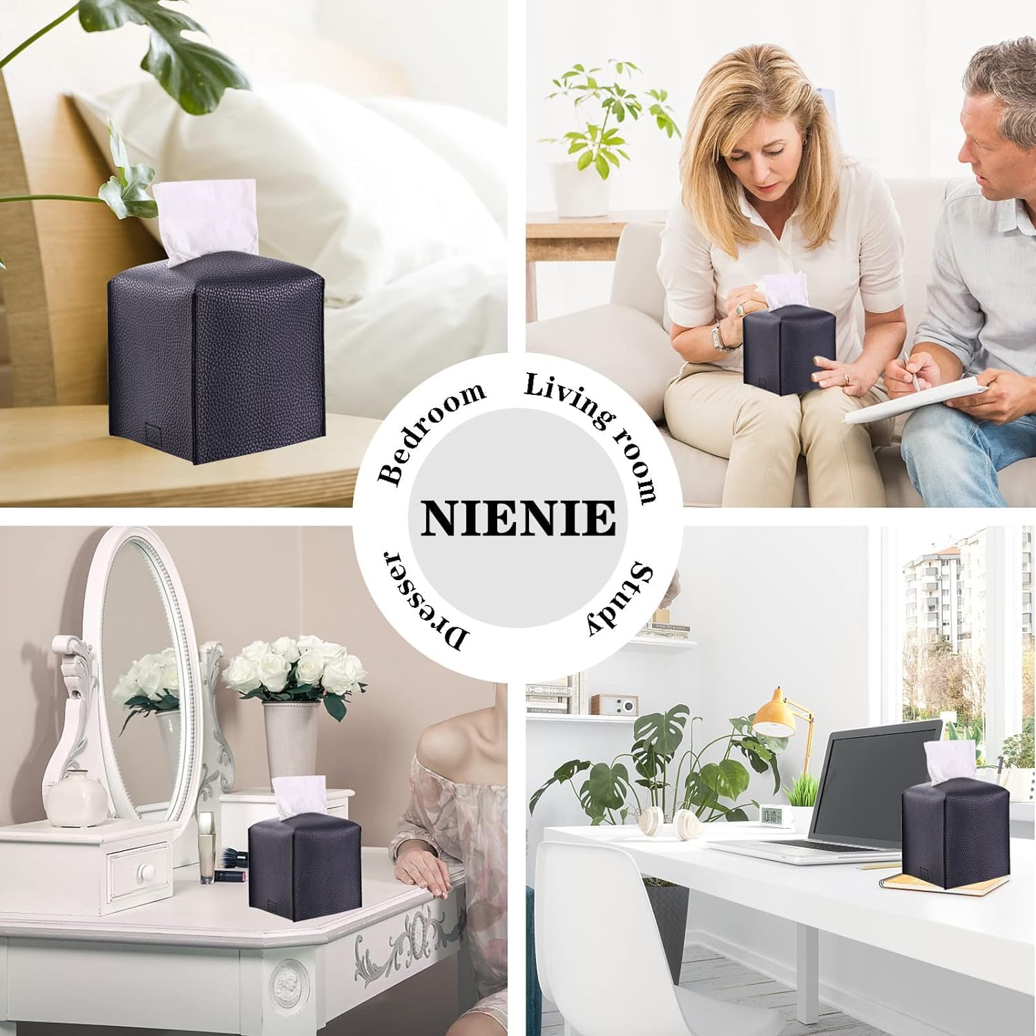 Nienie Leather Tissue Box Cover Square Holder Decorative Organizer For Vanity Countertop, Night Stands, Office Desk And Car,5''X