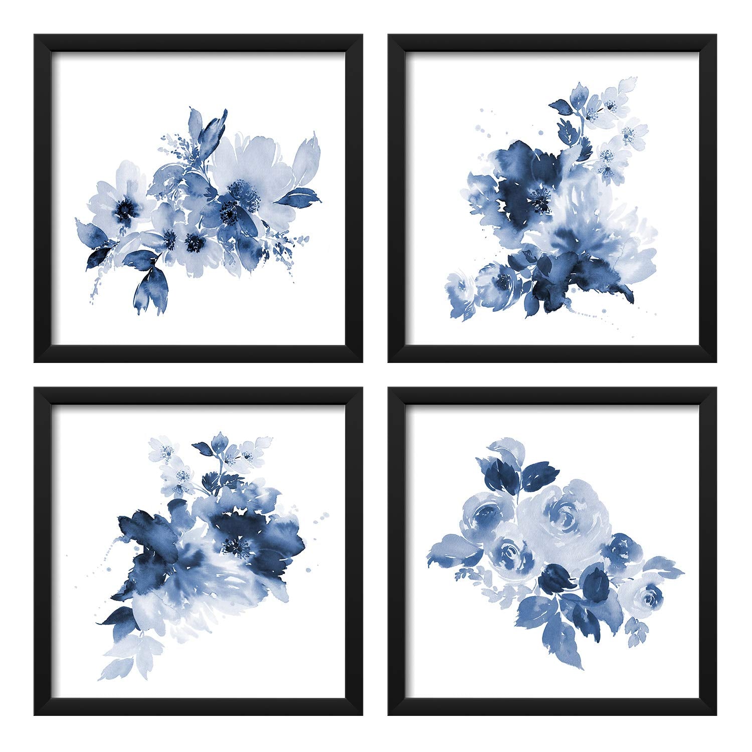 Artbyhannah 4 Pack 10X10 Blue Wall Art Framed With Black Frame And Floral Print For Bathroom Or Home Decoration