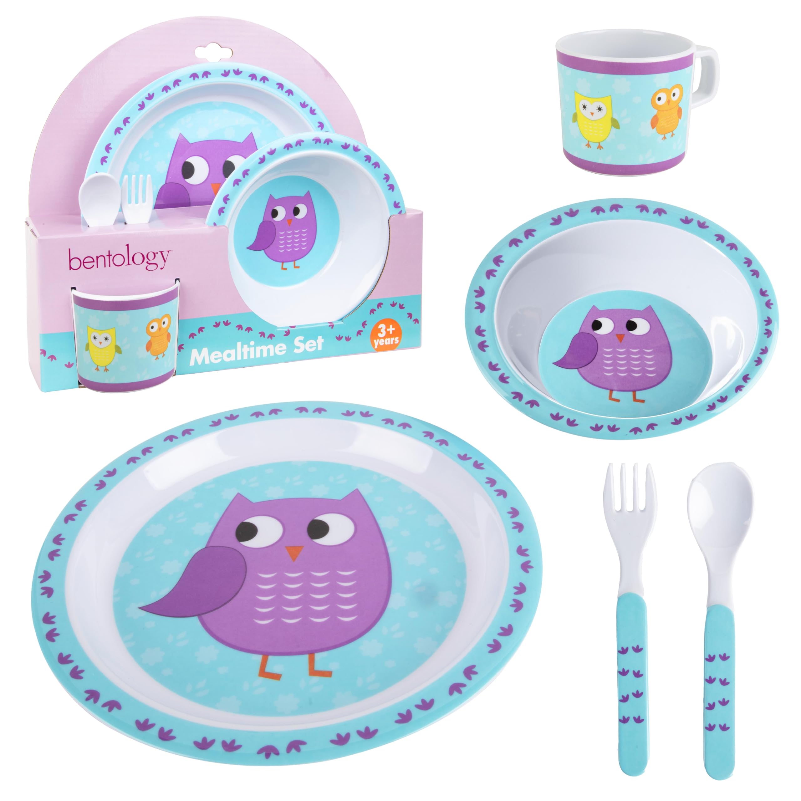 5 Pc Mealtime Baby Feeding Set for Kids and Toddlers - Includes Plate, Bowl, cup, Fork and Spoon Utensil Flatware - Durable, Dis