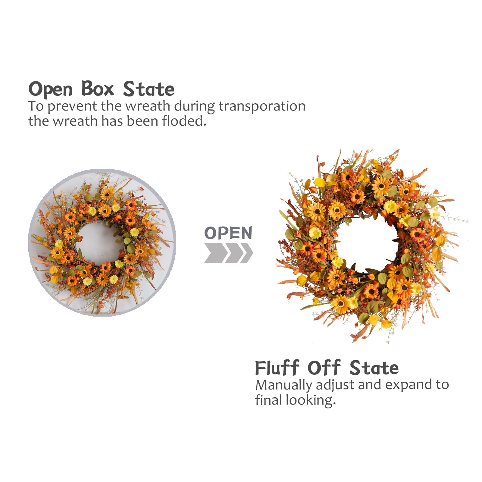 TEMPUS 22inch Thanksgiving Daisy Grain Wreath Autumn Harvest Wreath Eucalputs Leaves with Berries Fall Decor Front Door Indoor o